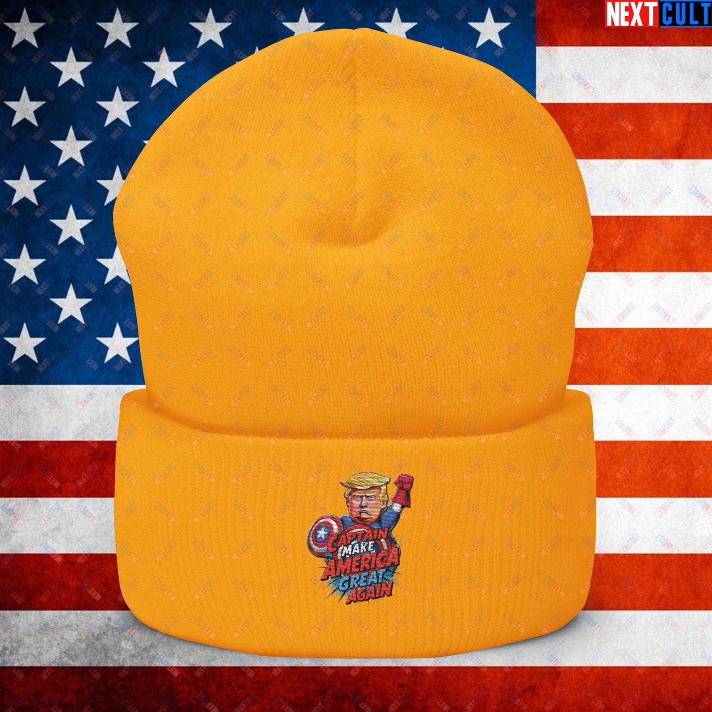 Funny Donald Trump Captain Make America Great Again MAGA Cuffed Beanie Gold Hats Conspiracy Theories Donald Trump Politics Republicans Next Cult Brand
