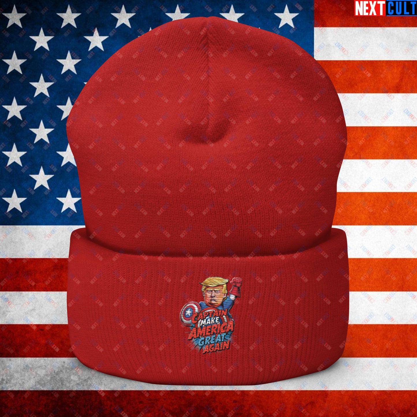 Funny Donald Trump Captain Make America Great Again MAGA Cuffed Beanie Red Hats Conspiracy Theories Donald Trump Politics Republicans Next Cult Brand