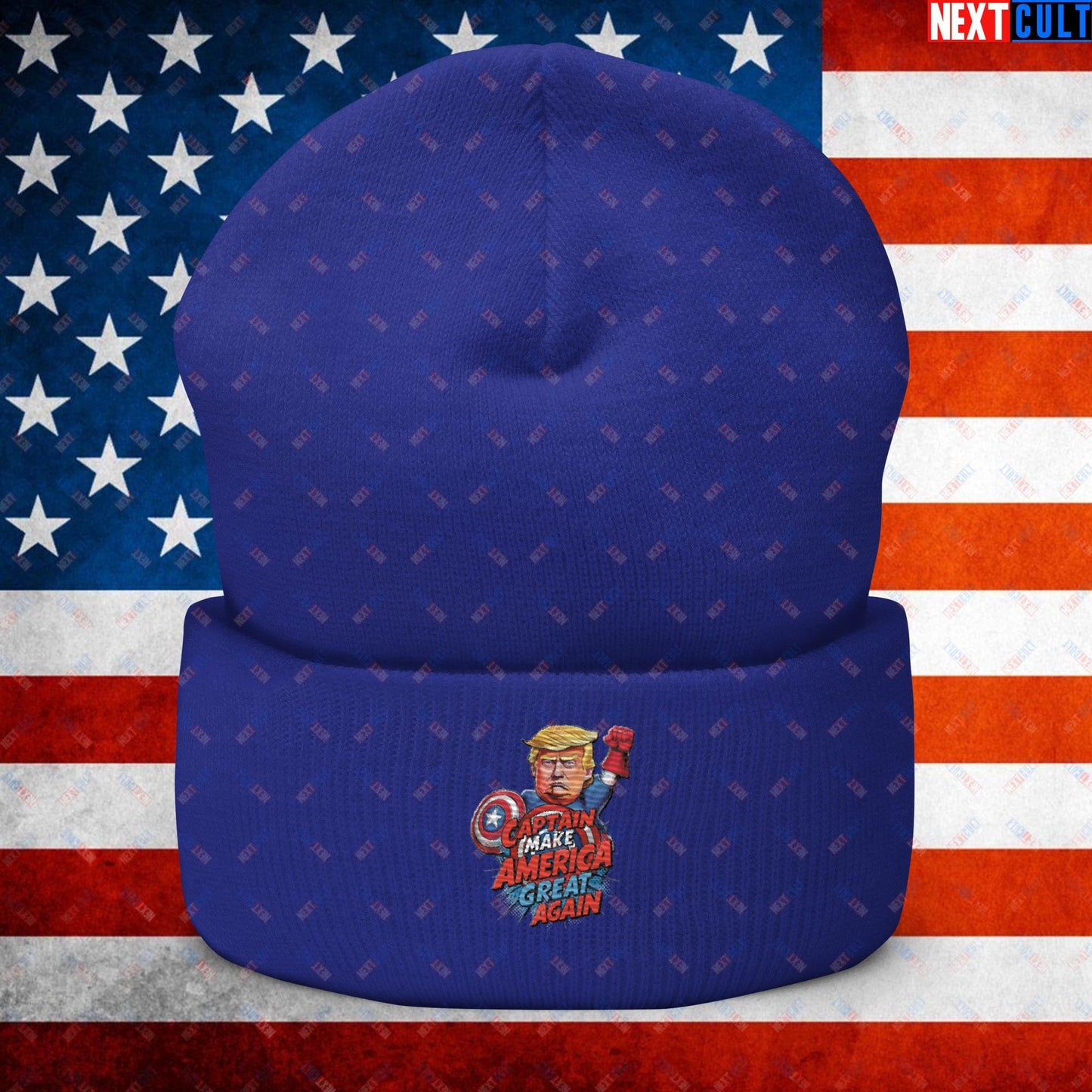 Funny Donald Trump Captain Make America Great Again MAGA Cuffed Beanie Royal Hats Conspiracy Theories Donald Trump Politics Republicans Next Cult Brand