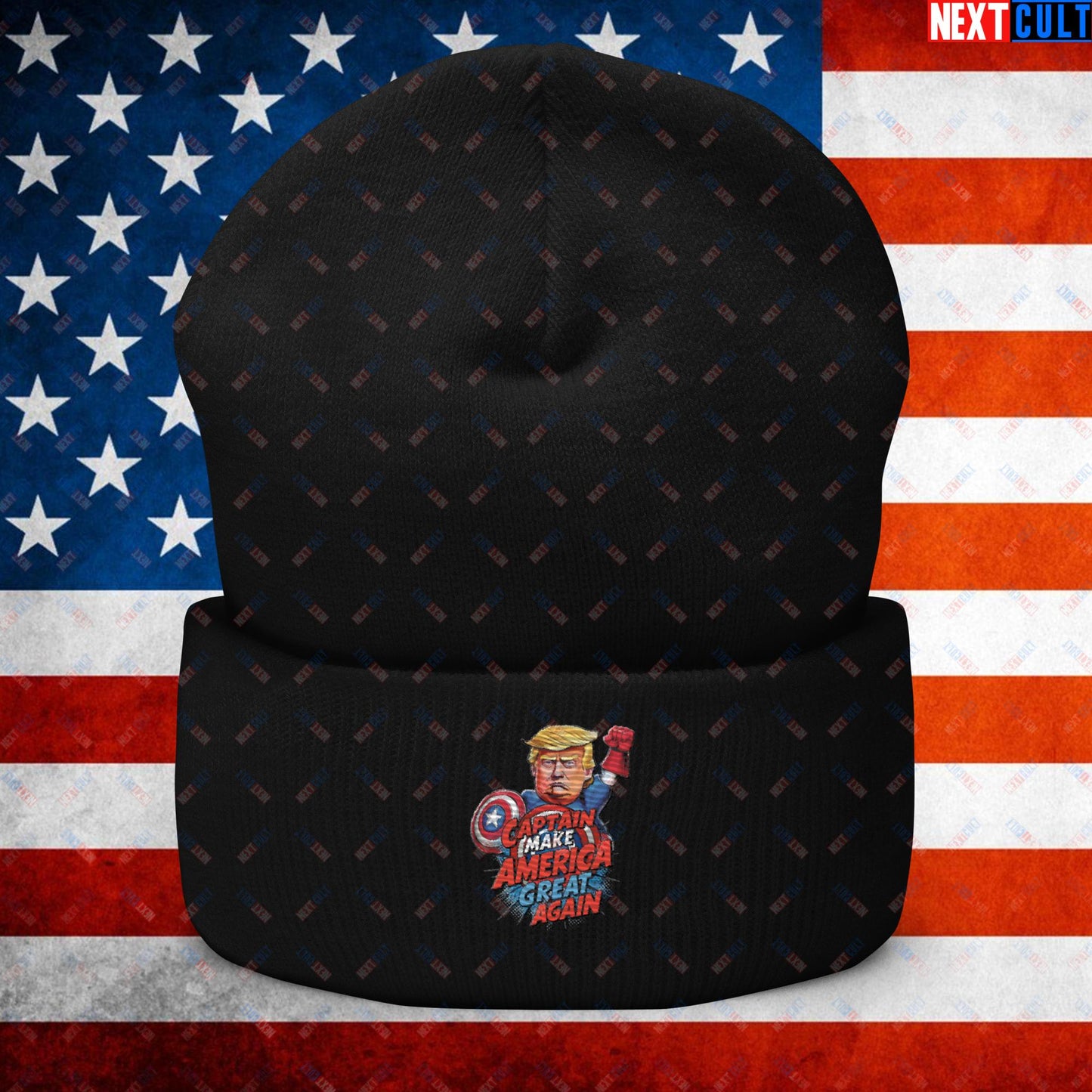 Funny Donald Trump Captain Make America Great Again MAGA Cuffed Beanie Black Hats Conspiracy Theories Donald Trump Politics Republicans Next Cult Brand