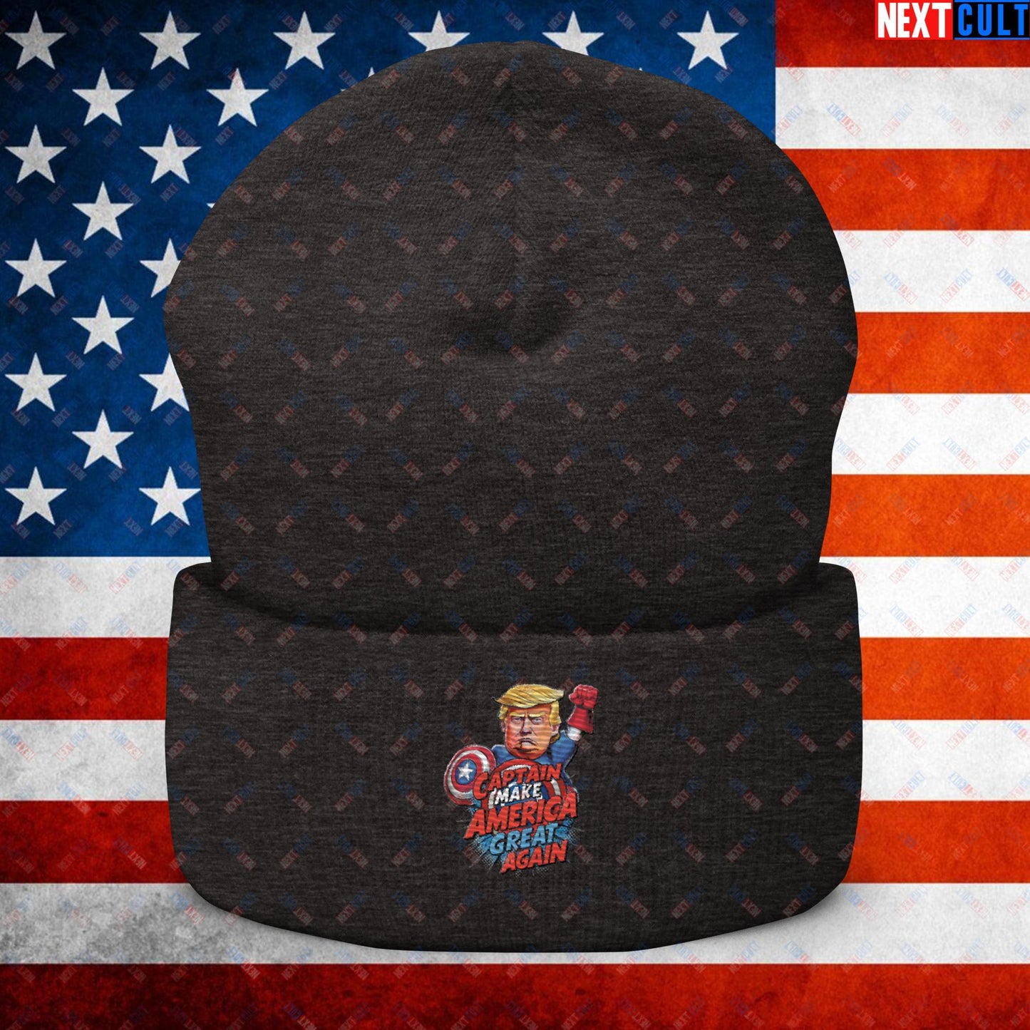 Funny Donald Trump Captain Make America Great Again MAGA Cuffed Beanie Dark Grey Hats Conspiracy Theories Donald Trump Politics Republicans Next Cult Brand