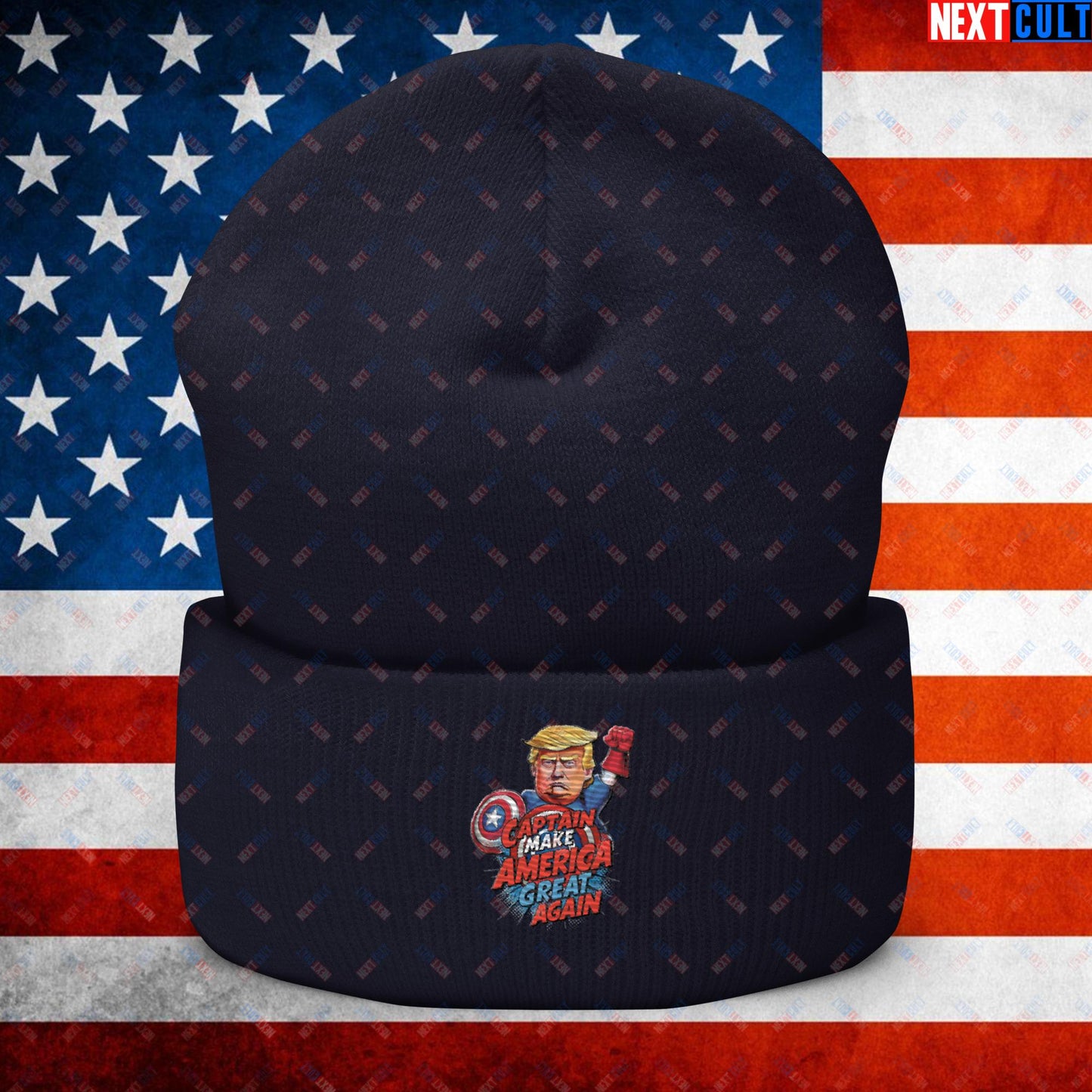 Funny Donald Trump Captain Make America Great Again MAGA Cuffed Beanie Navy Hats Conspiracy Theories Donald Trump Politics Republicans Next Cult Brand