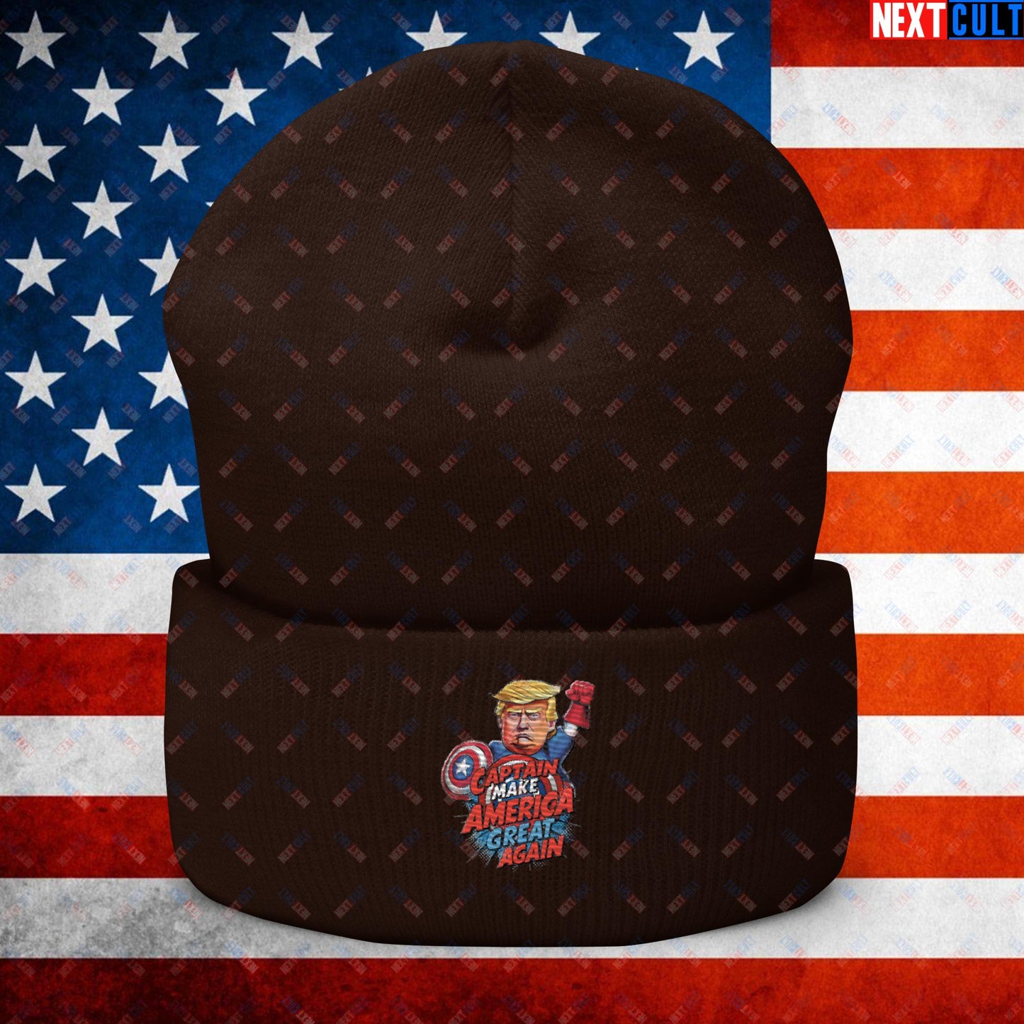 Funny Donald Trump Captain Make America Great Again MAGA Cuffed Beanie Brown Hats Conspiracy Theories Donald Trump Politics Republicans Next Cult Brand