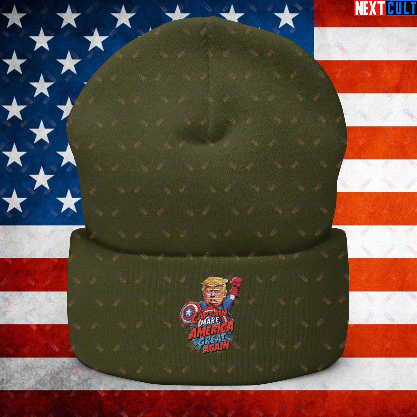 Funny Donald Trump Captain Make America Great Again MAGA Cuffed Beanie Olive Hats Conspiracy Theories Donald Trump Politics Republicans Next Cult Brand