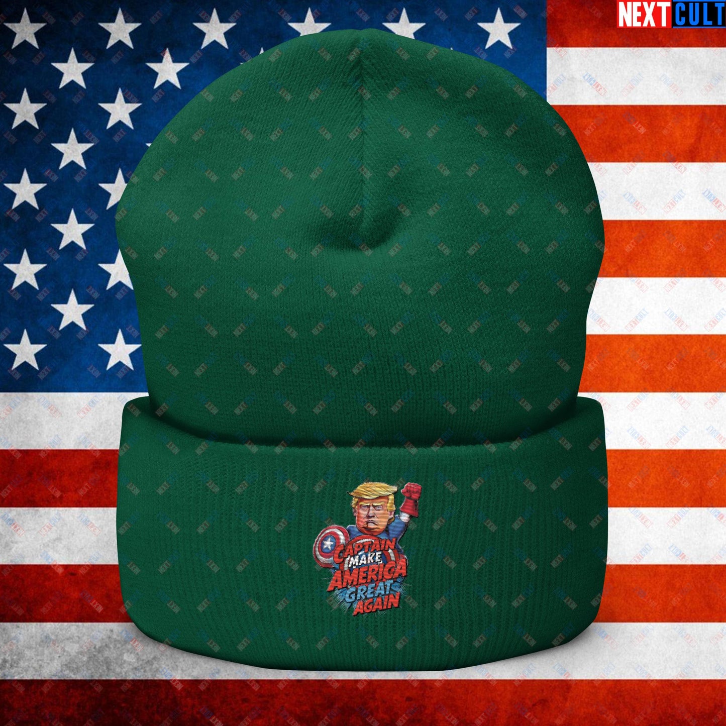Funny Donald Trump Captain Make America Great Again MAGA Cuffed Beanie Spruce Hats Conspiracy Theories Donald Trump Politics Republicans Next Cult Brand