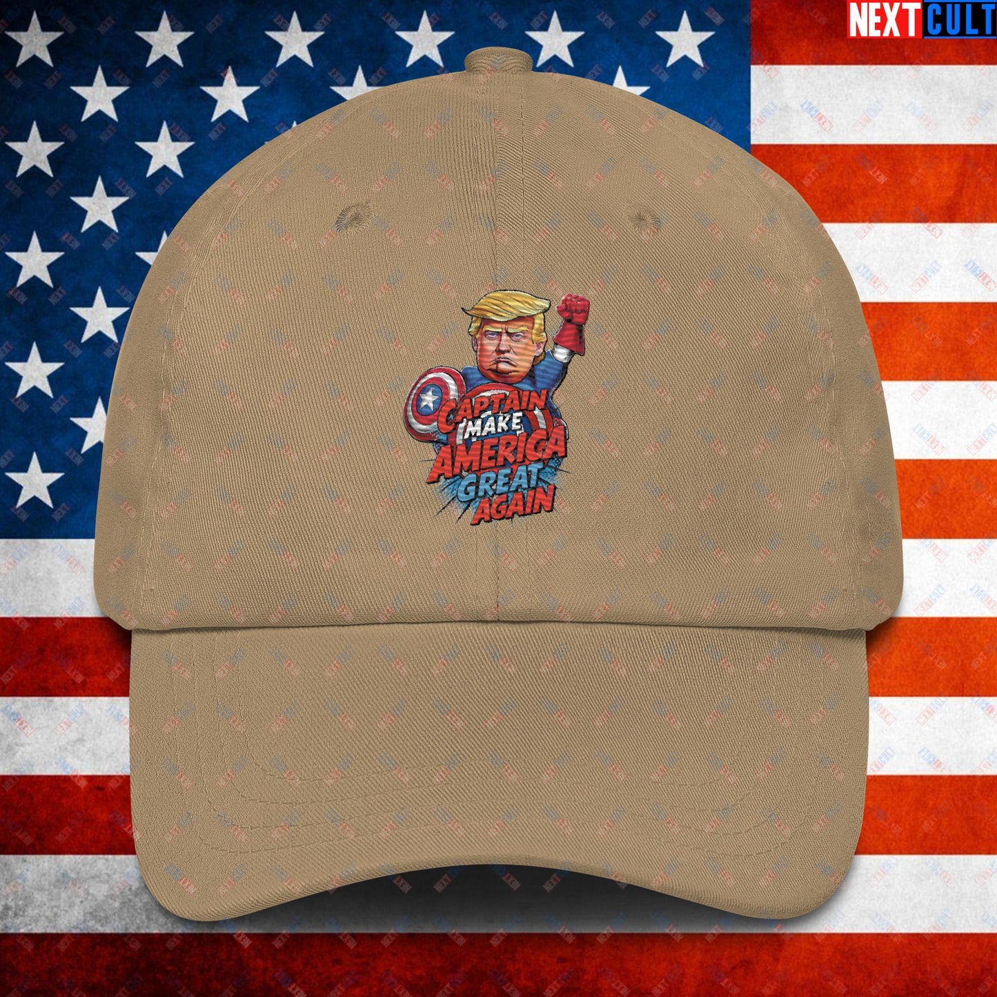 Funny Donald Trump Captain Make America Great Again MAGA Dad hat Khaki Hats Conspiracy Theories Donald Trump Politics Republicans Next Cult Brand