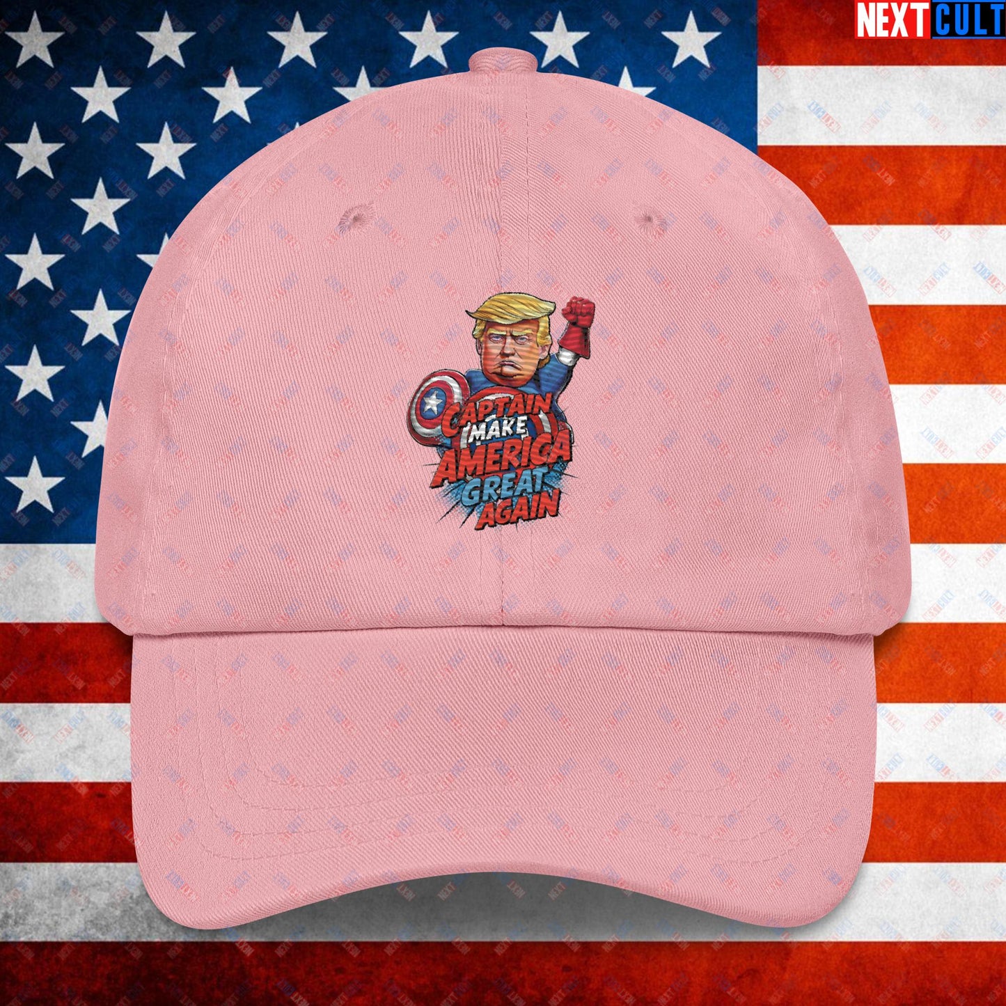 Funny Donald Trump Captain Make America Great Again MAGA Dad hat Pink Hats Conspiracy Theories Donald Trump Politics Republicans Next Cult Brand