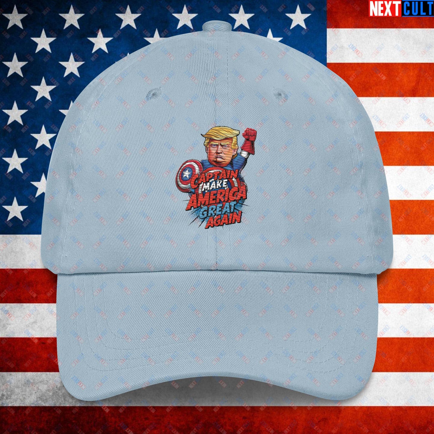 Funny Donald Trump Captain Make America Great Again MAGA Dad hat Light Blue Hats Conspiracy Theories Donald Trump Politics Republicans Next Cult Brand