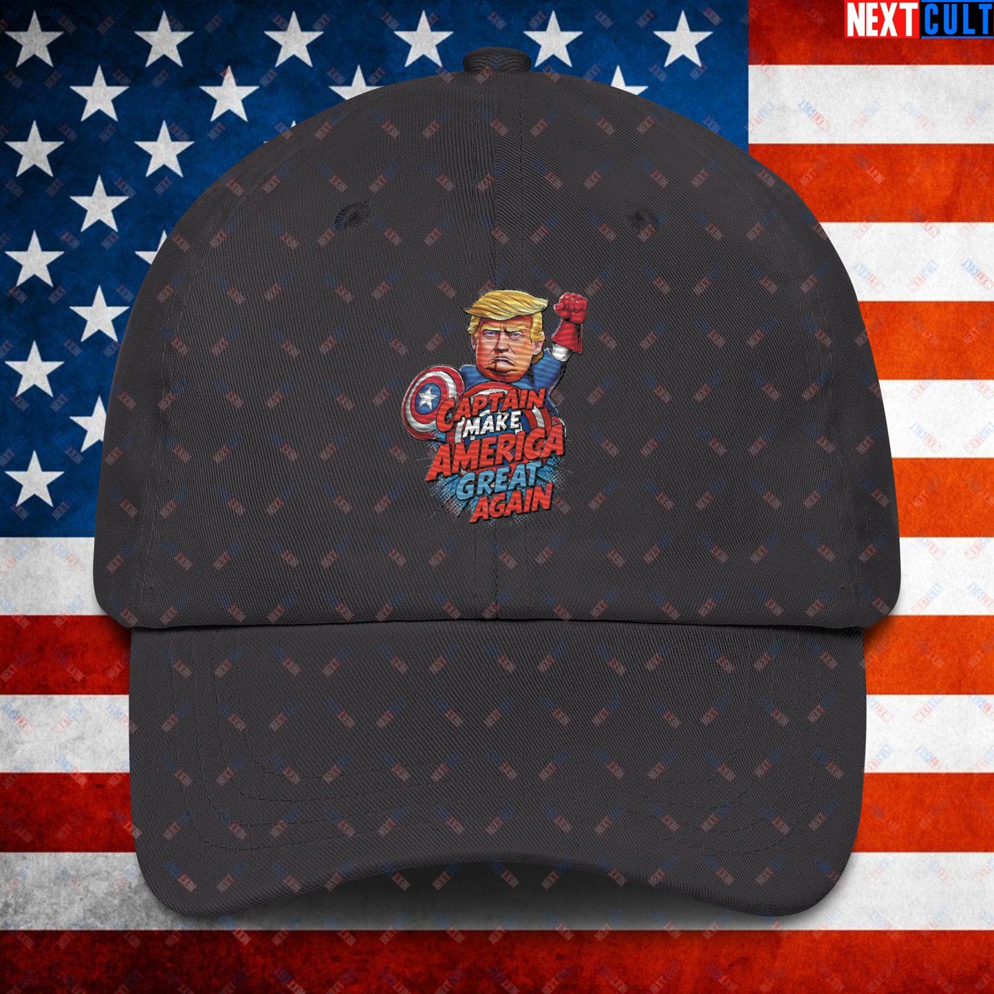 Funny Donald Trump Captain Make America Great Again MAGA Dad hat Dark Grey Hats Conspiracy Theories Donald Trump Politics Republicans Next Cult Brand