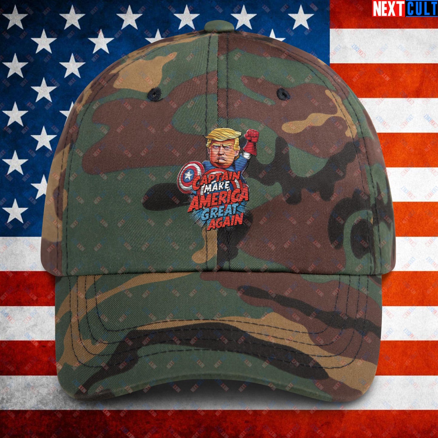 Funny Donald Trump Captain Make America Great Again MAGA Dad hat Green Camo Hats Conspiracy Theories Donald Trump Politics Republicans Next Cult Brand