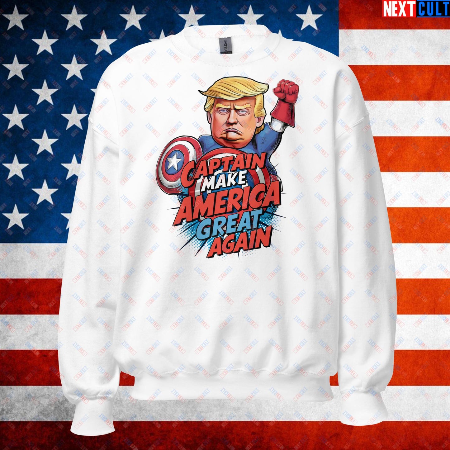 Funny Donald Trump Captain Make America Great Again MAGA Unisex Sweatshirt White Sweatshirts Conspiracy Theories Donald Trump Politics Republicans Next Cult Brand