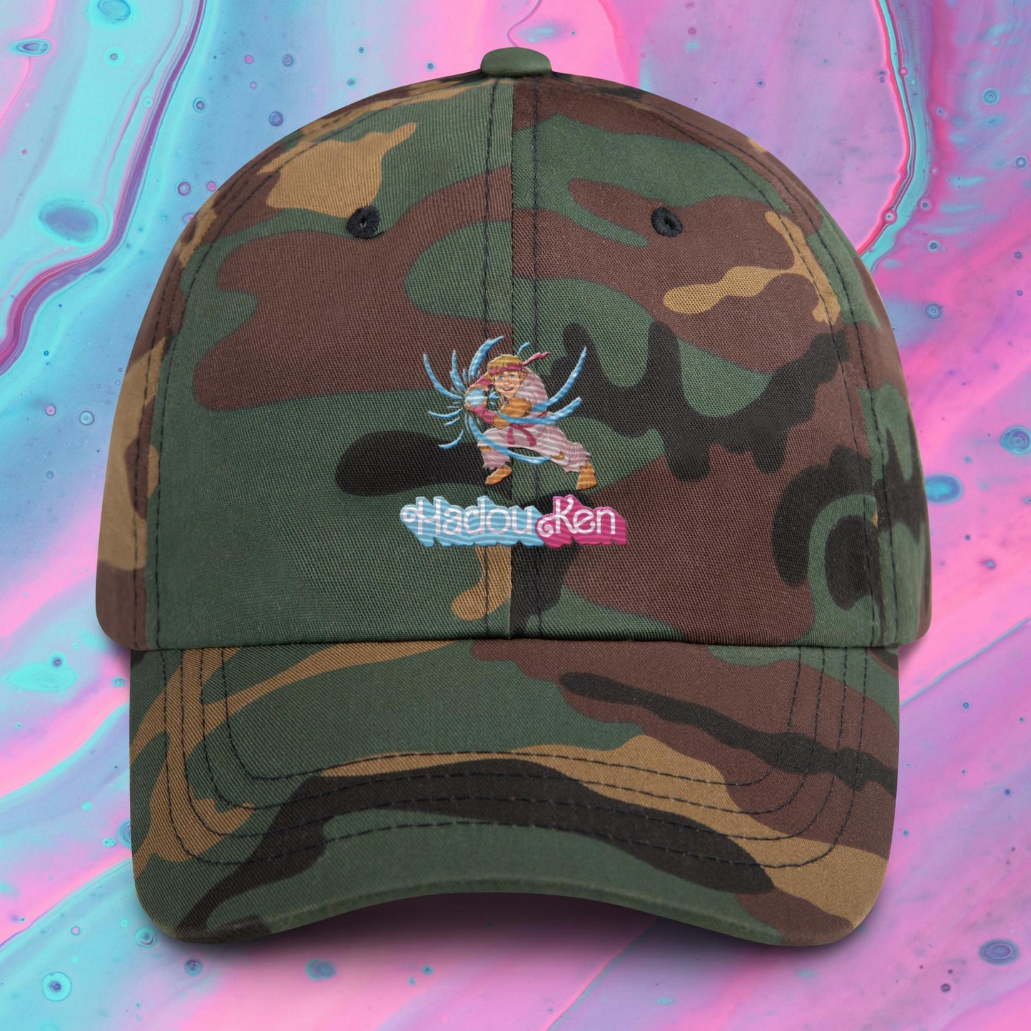 Hadouken Ken Barbie Ryan Gosling Street Fighter Funny Dad hat Green Camo Hats Barbie Ken Movies Ryan Gosling Street Fighter Video Games Next Cult Brand