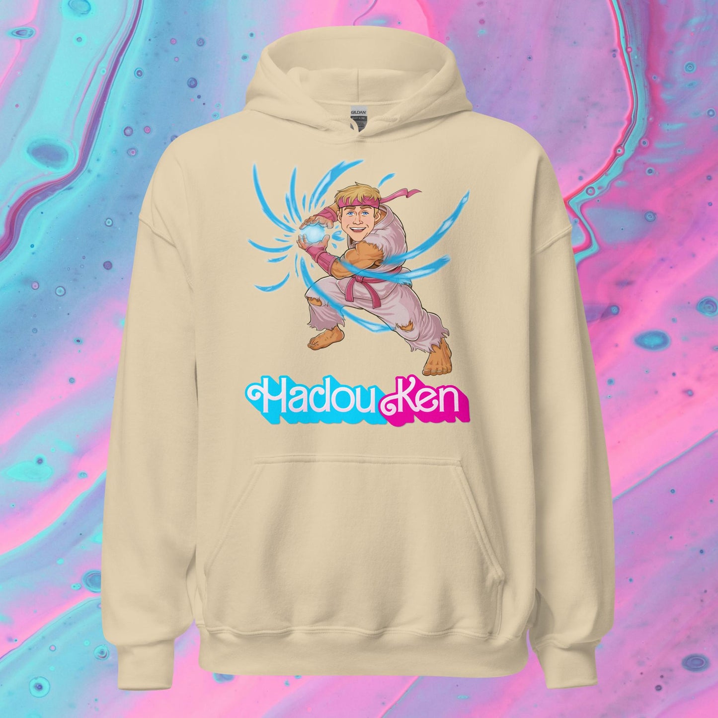 Hadouken Ken Barbie Ryan Gosling Street Fighter Funny Unisex Hoodie Sand Hoodies Barbie Ken Movies Ryan Gosling Street Fighter Video Games Next Cult Brand