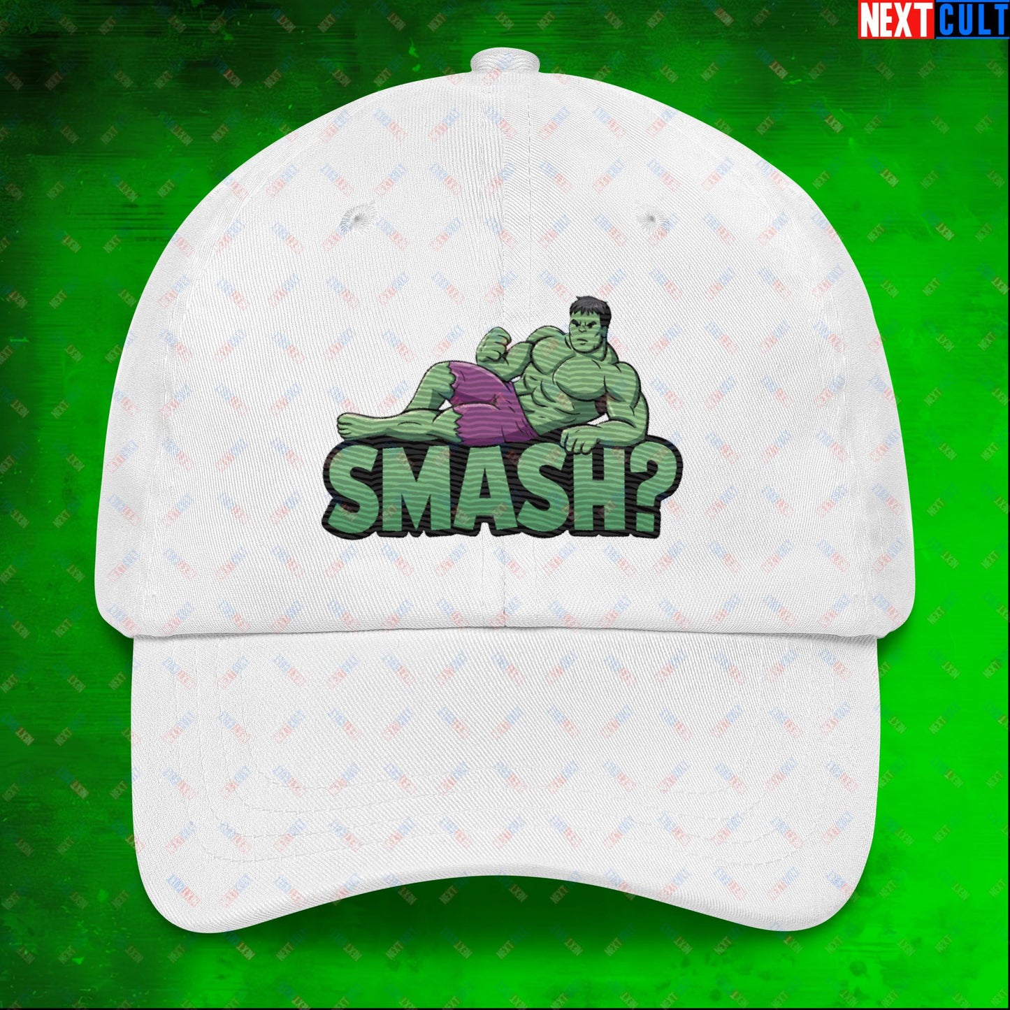 Hulk Smash? Funny Sexy Hulk Meme Cartoon Dad hat White Hats Avengers Hulk Movies Superheroes Next Cult Brand
