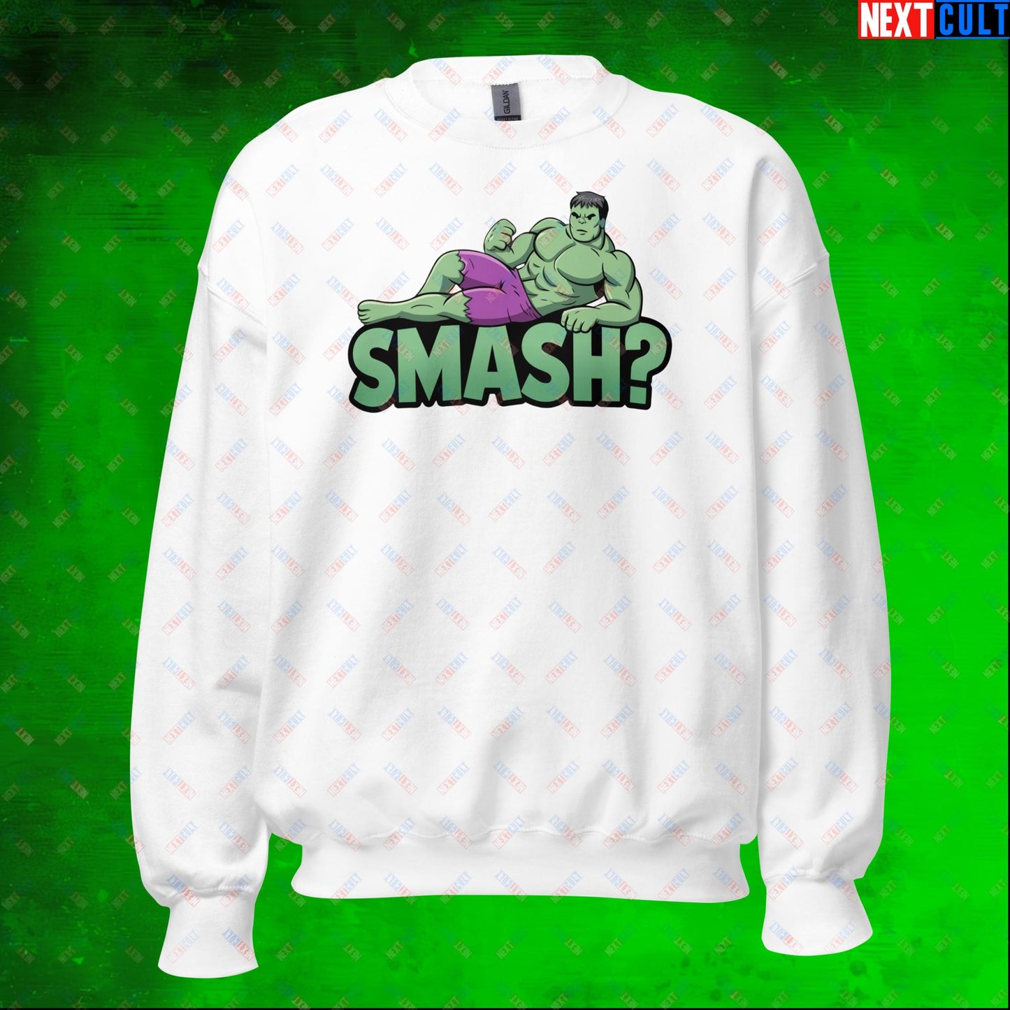 Hulk Smash? Funny Sexy Hulk Meme Cartoon Unisex Sweatshirt White Sweatshirts Avengers Hulk Movies Superheroes Next Cult Brand