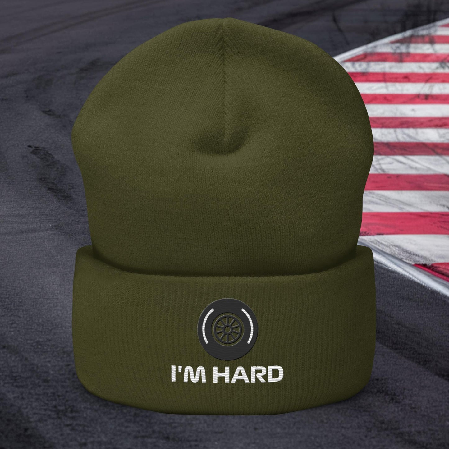 I'm Hard Tyres Funny F1 Cuffed Beanie Olive Hats F1 Next Cult Brand