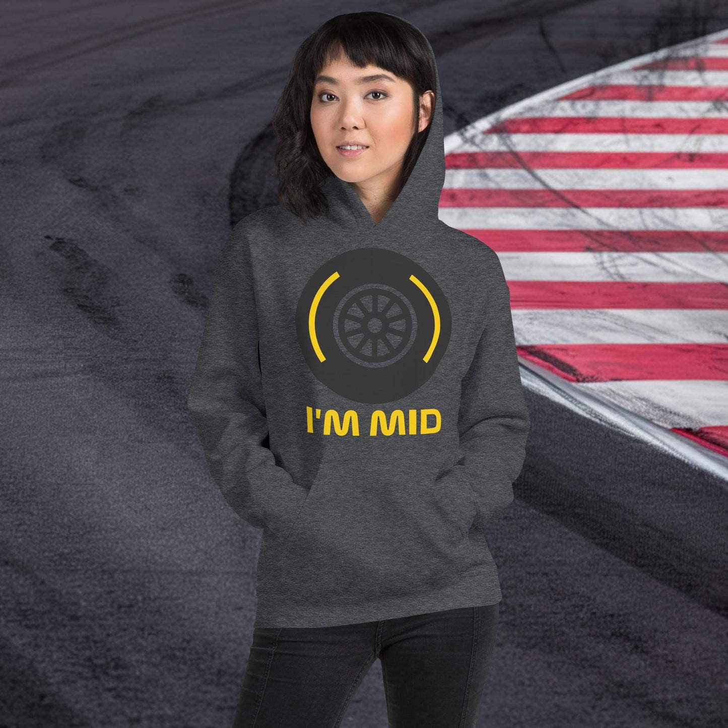 I'm Mid Tyres Funny F1 Unisex Hoodie Dark Heather Hoodies F1 Next Cult Brand
