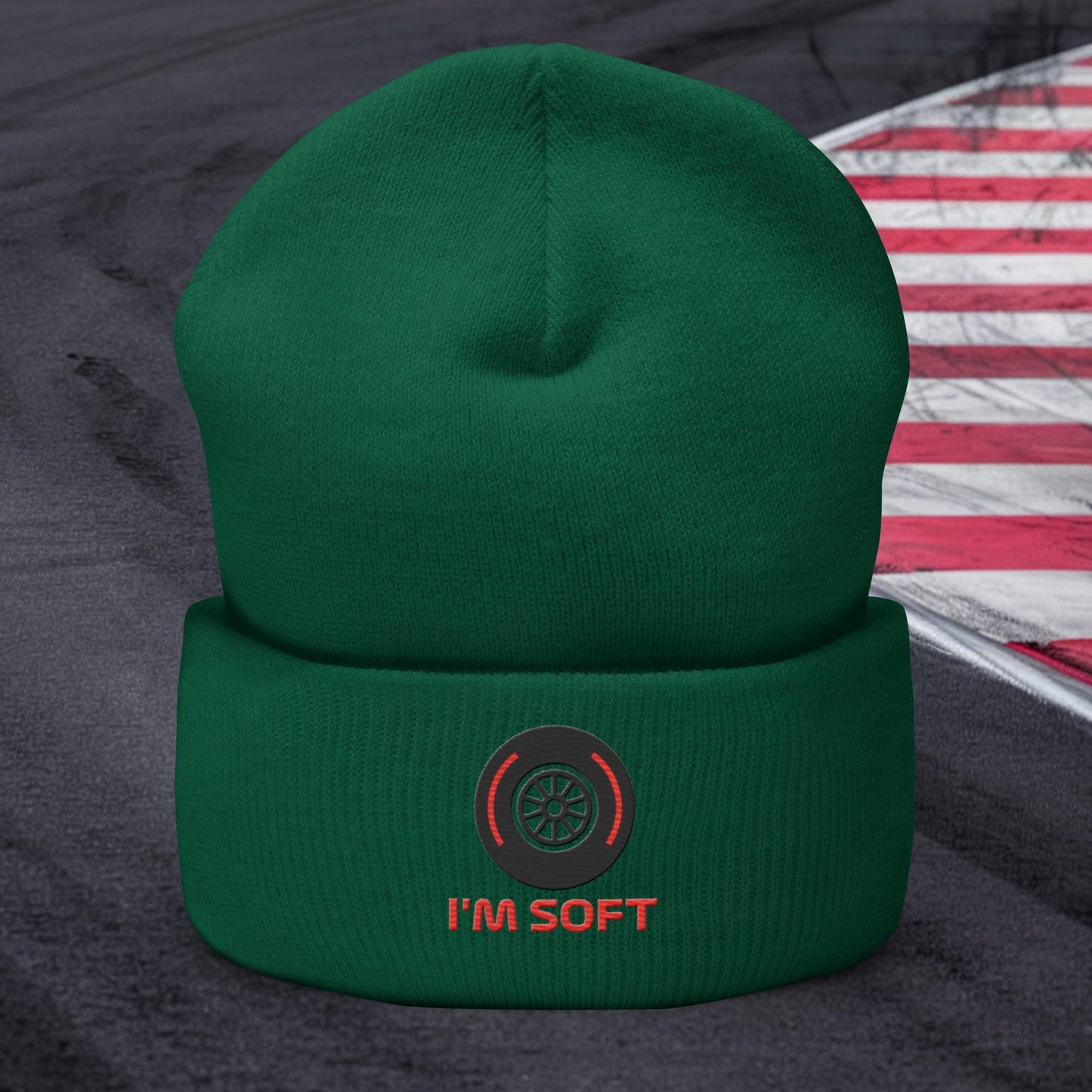 I'm Soft Tyres Funny F1 Cuffed Beanie Spruce Hats F1 Next Cult Brand