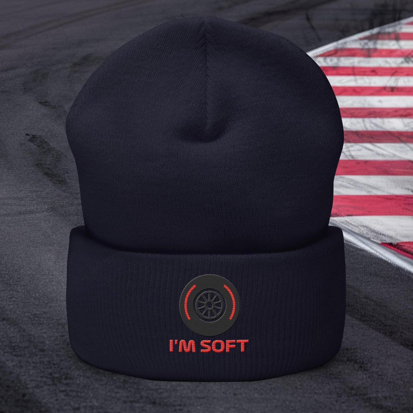 I'm Soft Tyres Funny F1 Cuffed Beanie Navy Hats F1 Next Cult Brand