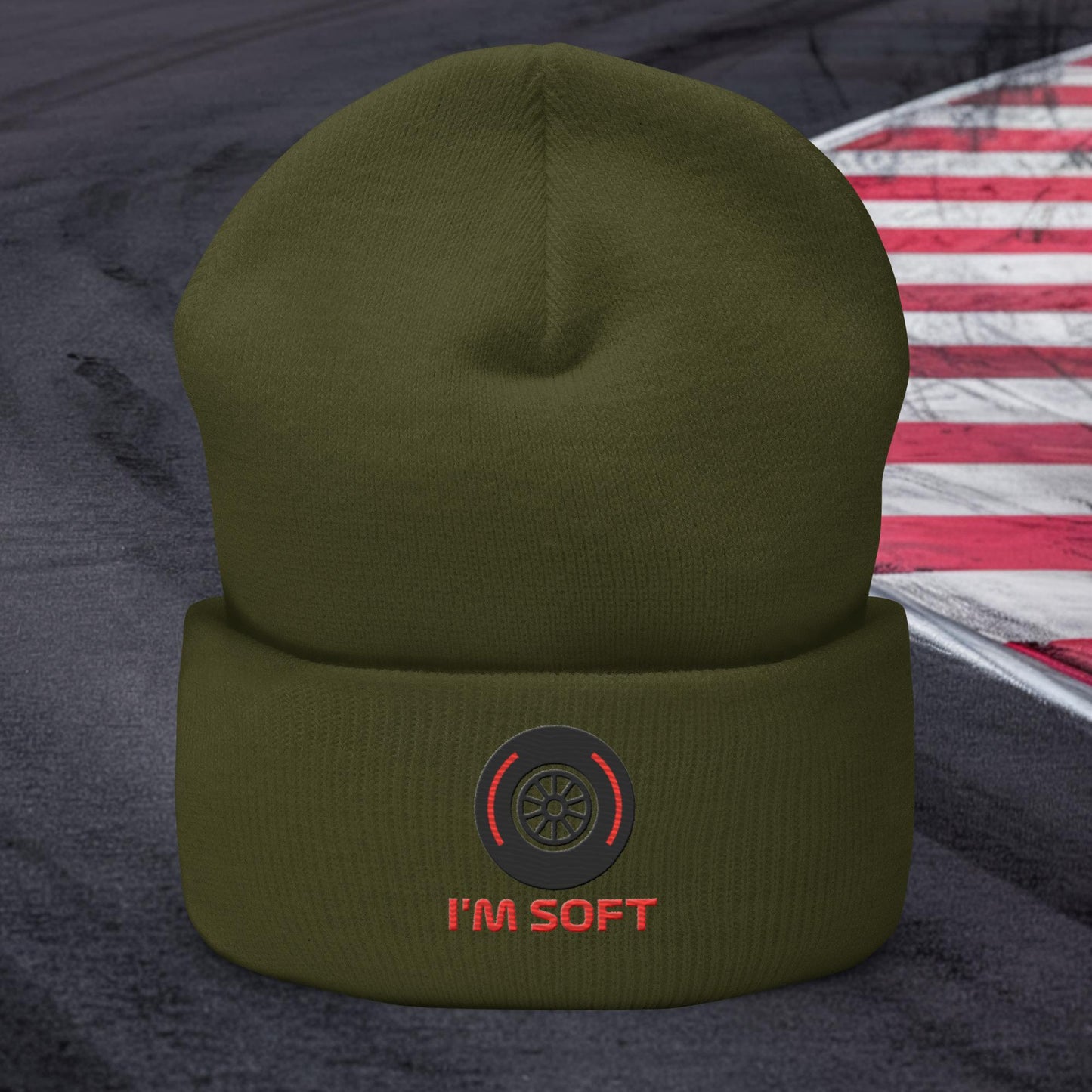 I'm Soft Tyres Funny F1 Cuffed Beanie Olive Hats F1 Next Cult Brand