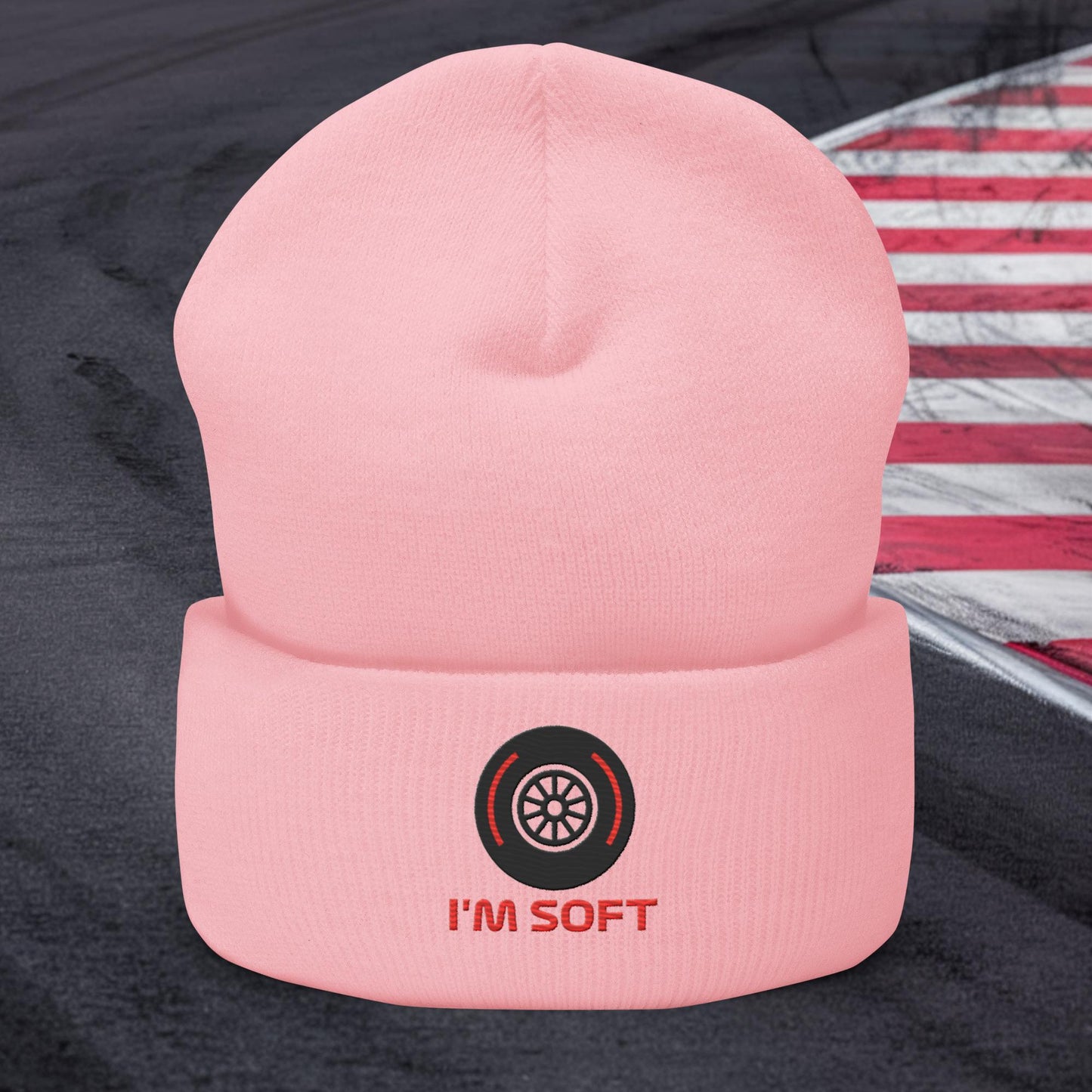 I'm Soft Tyres Funny F1 Cuffed Beanie Baby Pink Hats F1 Next Cult Brand