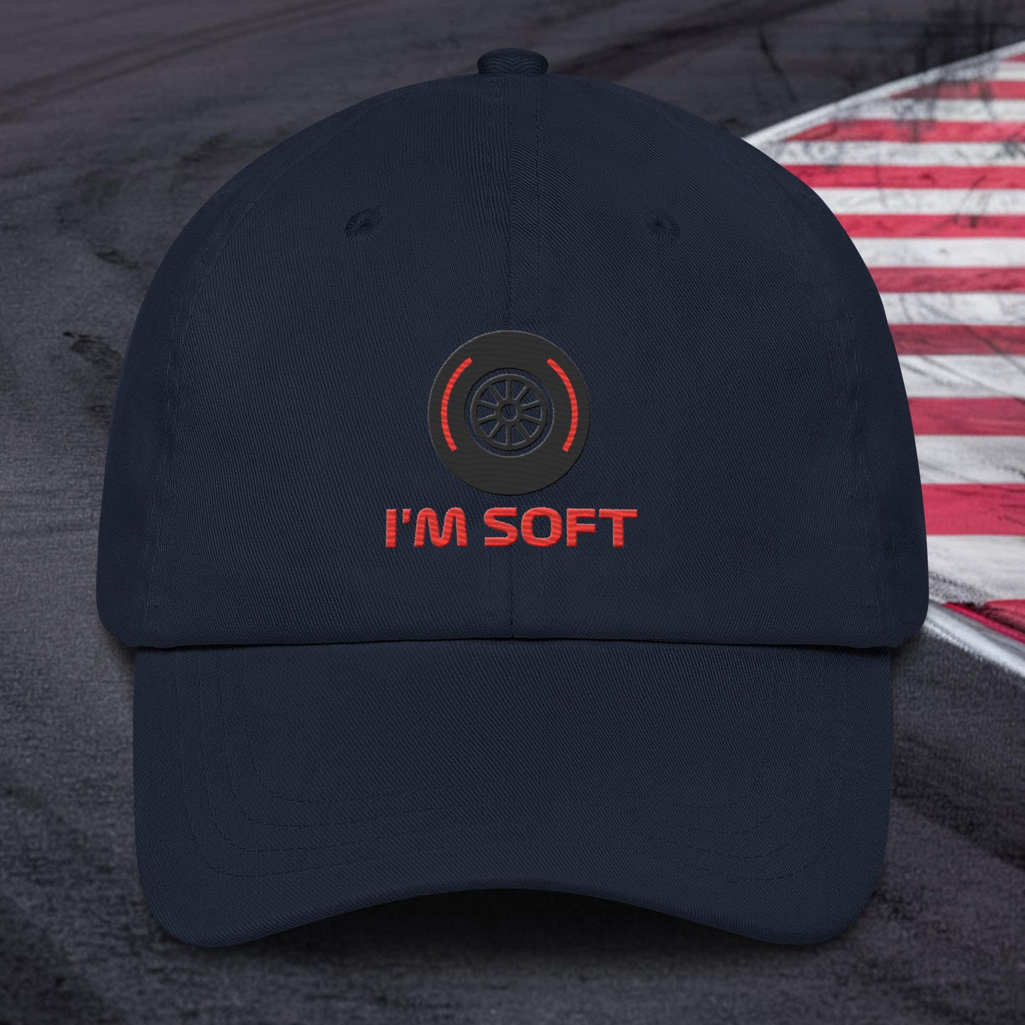 I'm Soft Tyres Funny F1 Dad hat Navy Hats F1 Next Cult Brand