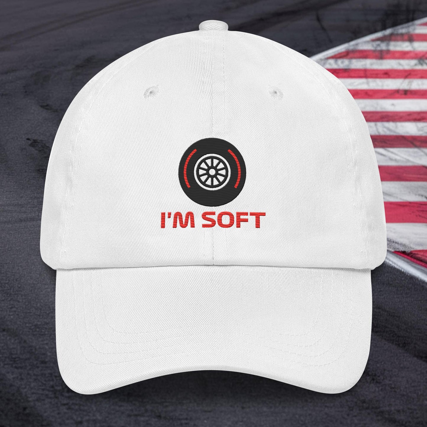 I'm Soft Tyres Funny F1 Dad hat White Hats F1 Next Cult Brand