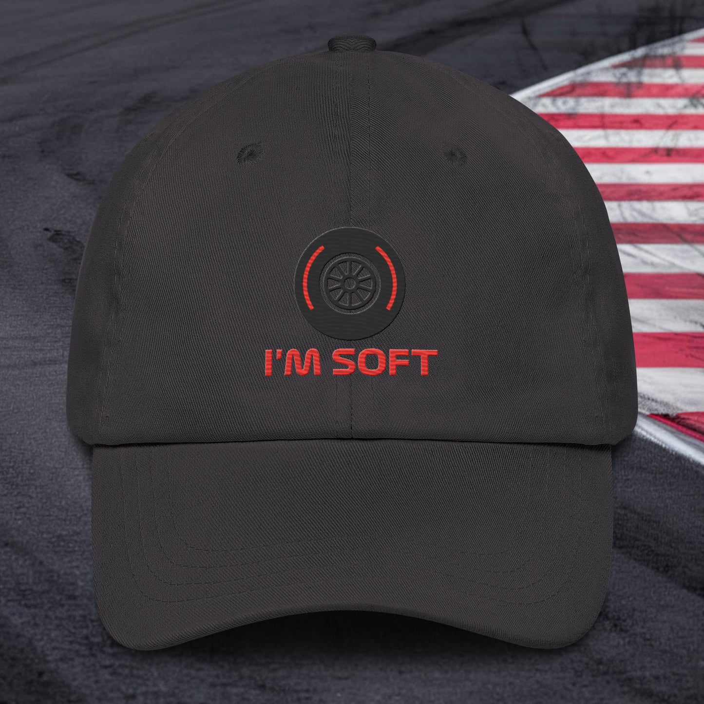 I'm Soft Tyres Funny F1 Dad hat Dark Grey Hats F1 Next Cult Brand