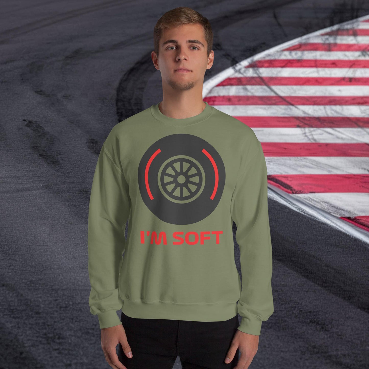 I'm Soft Tyres Funny F1 Unisex Sweatshirt Military Green Sweatshirts F1 Next Cult Brand