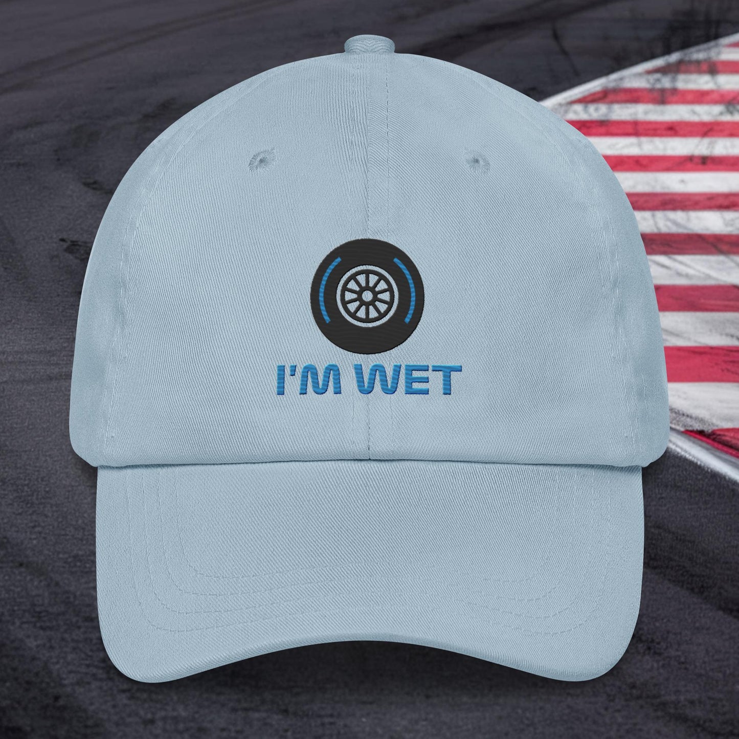 I'm Wet Tyres Funny F1 Dad hat Light Blue Hats F1 Next Cult Brand