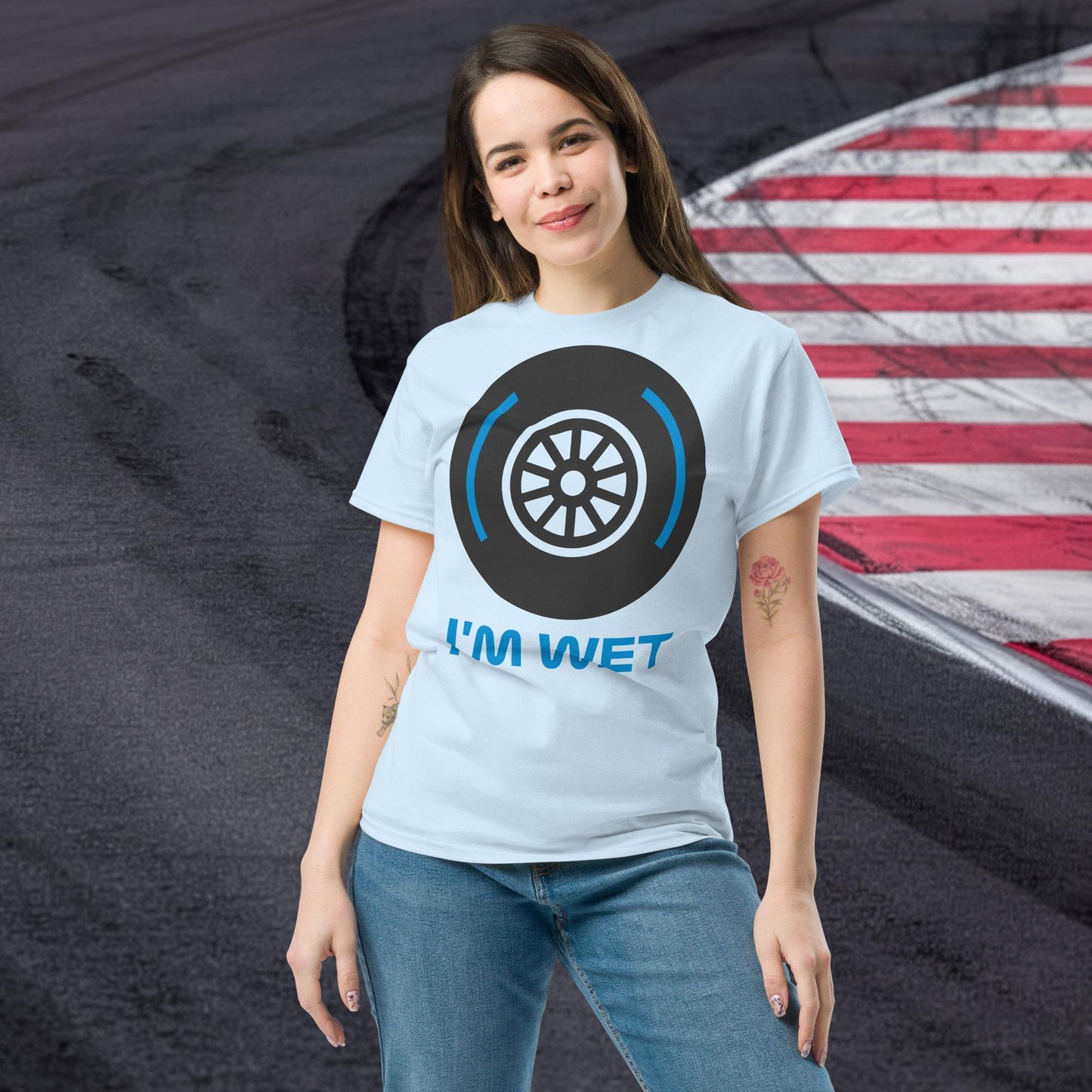 I'm Wet Tyres Funny F1 Unisex tee Light Blue T-shirts F1 Next Cult Brand