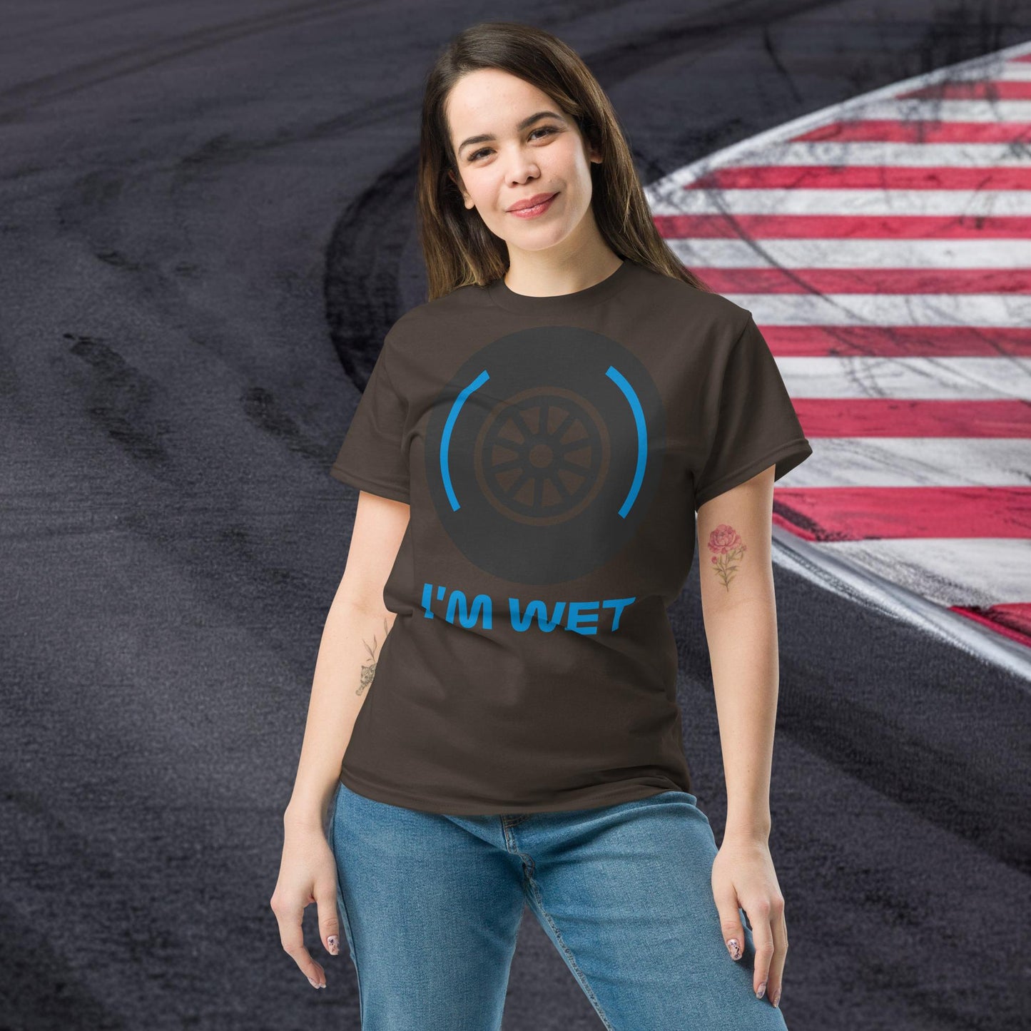 I'm Wet Tyres Funny F1 Unisex tee Dark Chocolate T-shirts F1 Next Cult Brand