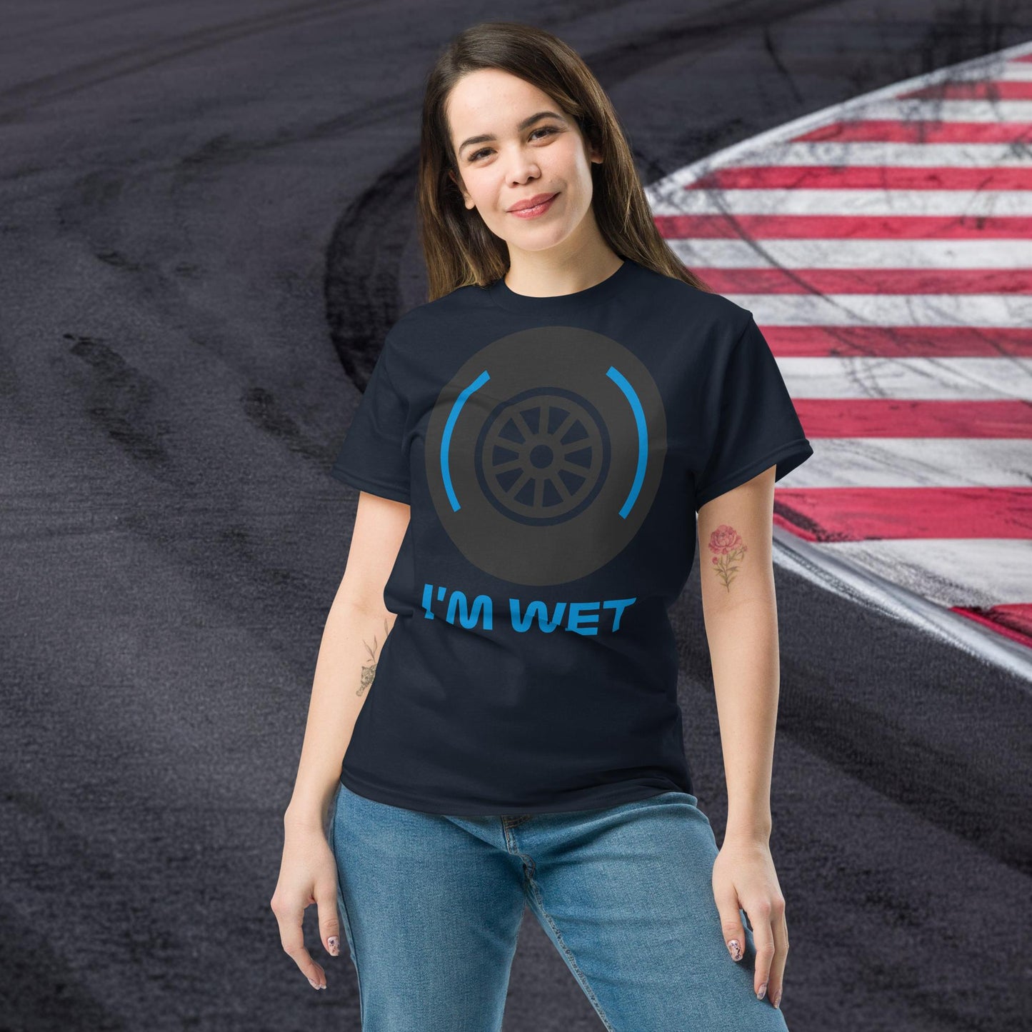 I'm Wet Tyres Funny F1 Unisex tee Navy T-shirts F1 Next Cult Brand