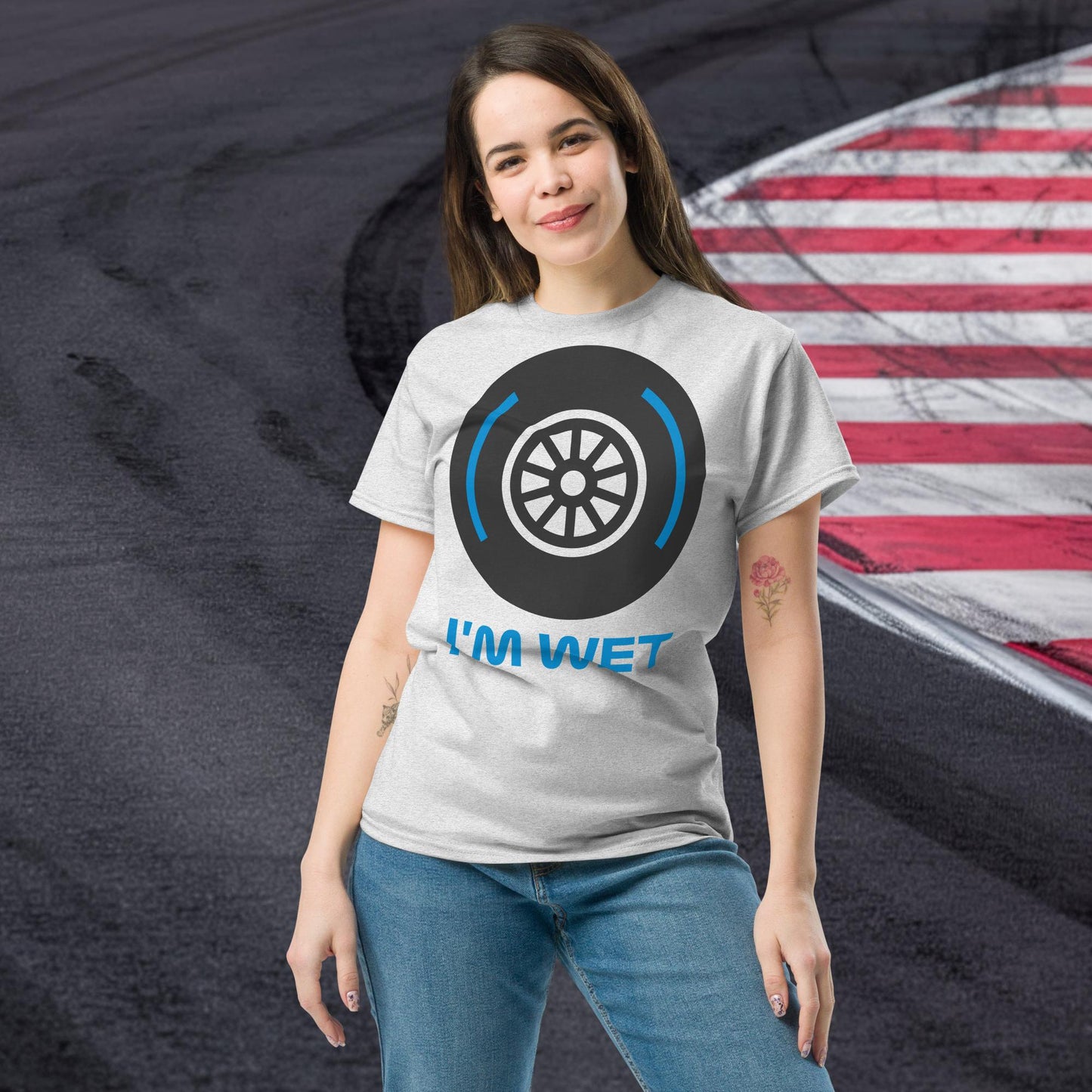 I'm Wet Tyres Funny F1 Unisex tee Ash T-shirts F1 Next Cult Brand