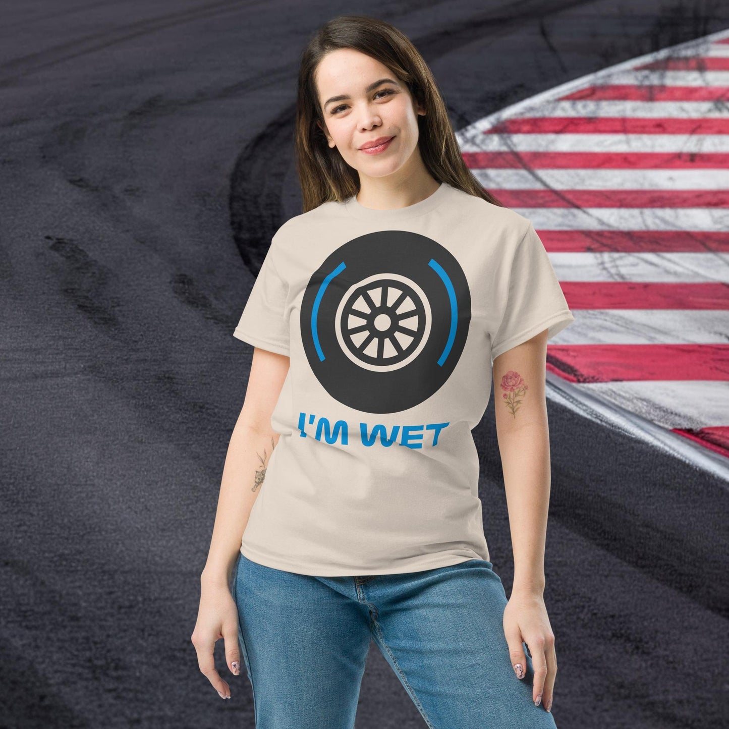 I'm Wet Tyres Funny F1 Unisex tee Natural T-shirts F1 Next Cult Brand
