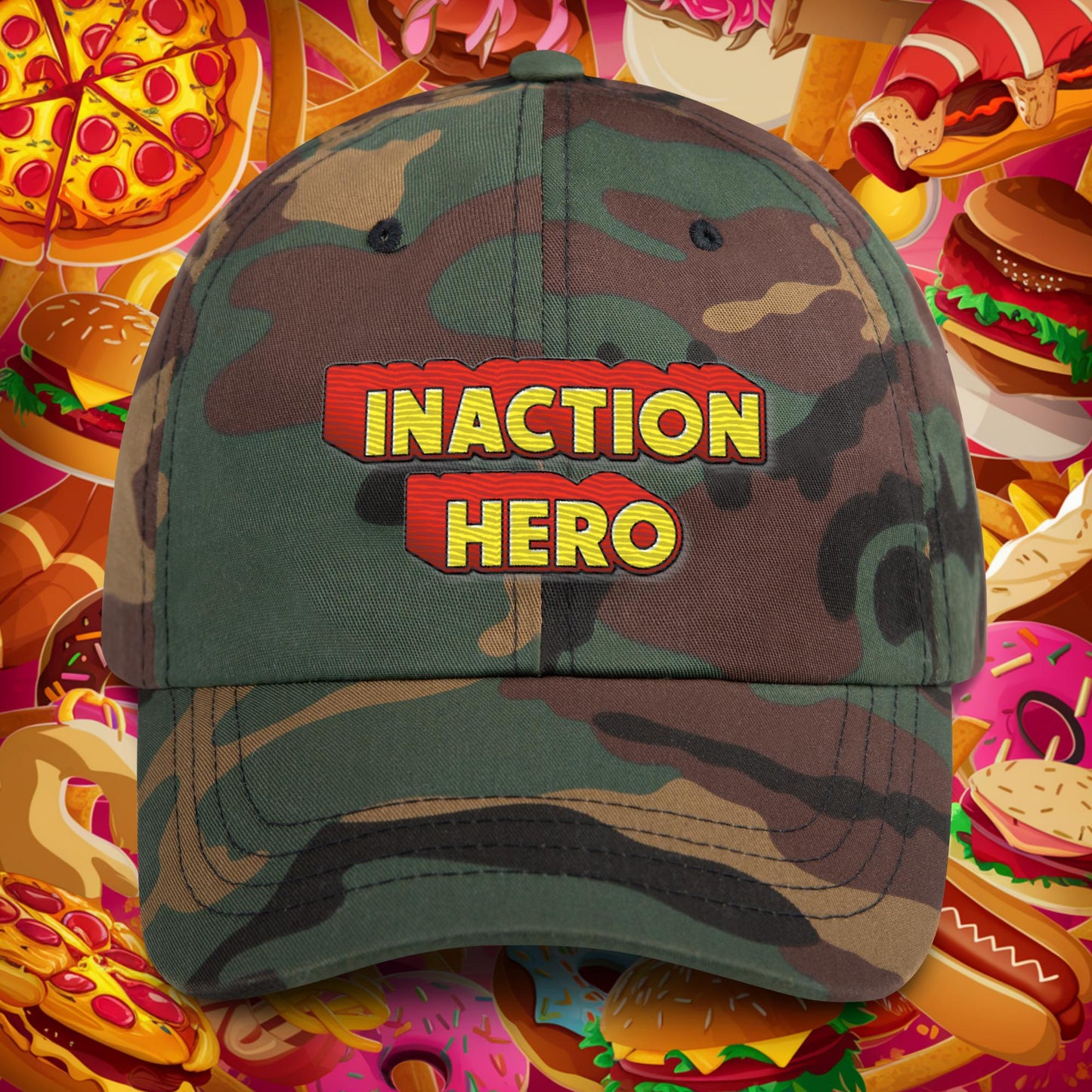 Inaction Hero Dad hat Green Camo Hats Superheroes Next Cult Brand