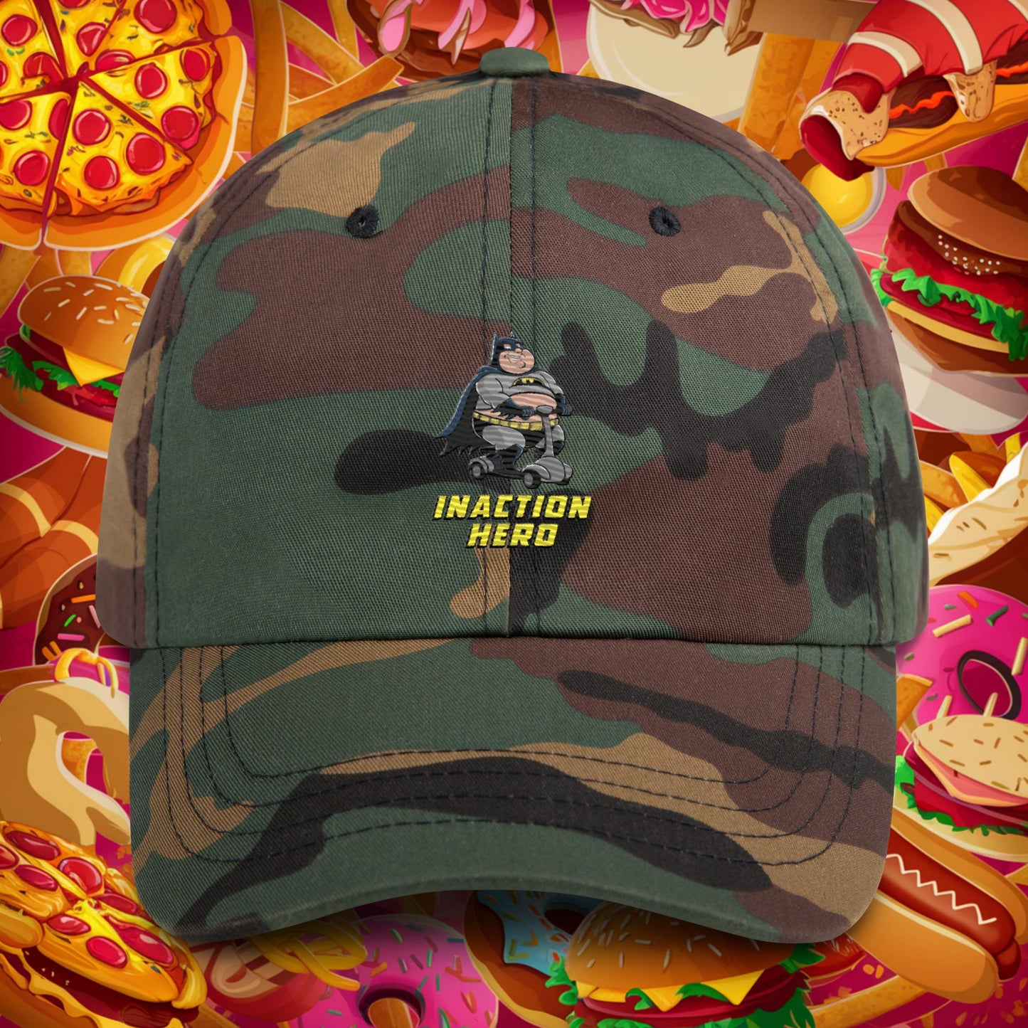 Inaction Hero Fat Superhero Funny Dad hat Green Camo Hats Batman Justice League Movies Superheroes Next Cult Brand