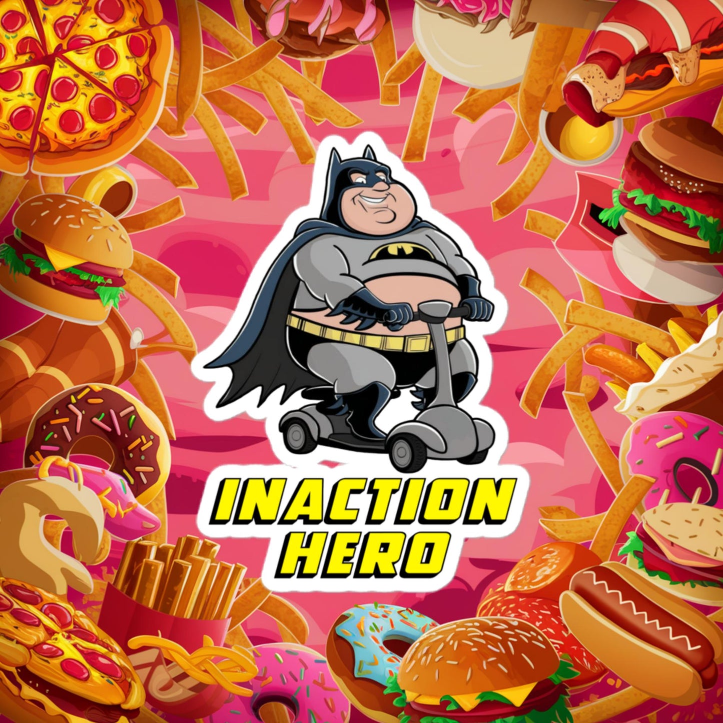 Inaction Hero Fatman Superhero Bubble-free stickers 4″×4″ Stickers Batman Movies Superheroes Next Cult Brand