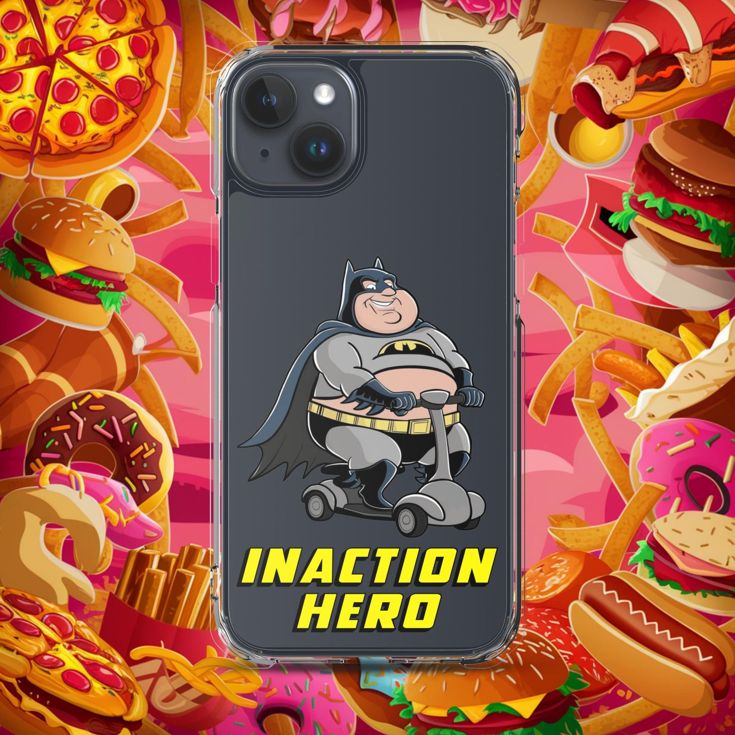Inaction Hero Fatman Superhero Clear Case for iPhone iPhone 15 Plus Mobile Phone Cases Batman Movies Superheroes Next Cult Brand