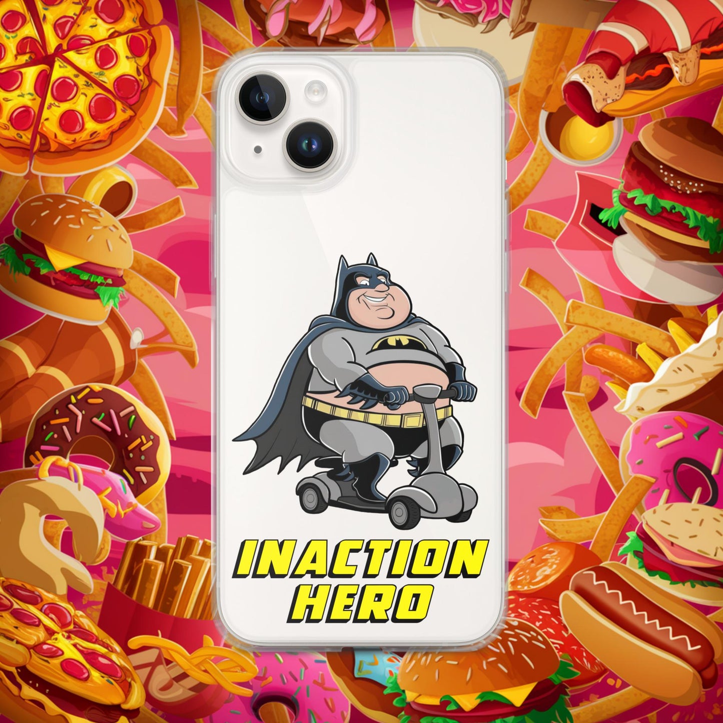 Inaction Hero Fatman Superhero Clear Case for iPhone iPhone 14 Plus Mobile Phone Cases Batman Movies Superheroes Next Cult Brand