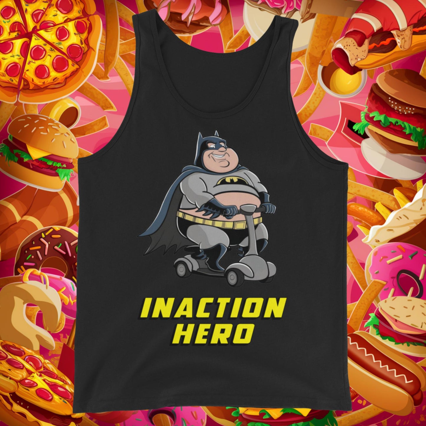 Inaction Hero Fatman Superhero Tank Top Black Tank Tops Batman Movies Superheroes Next Cult Brand