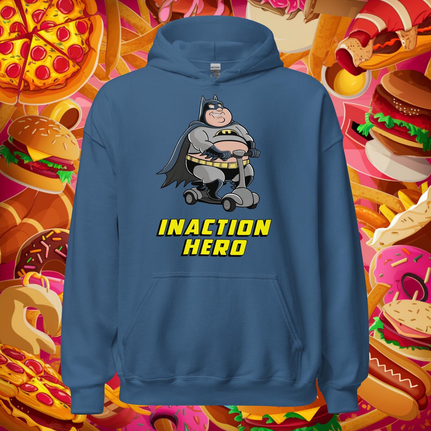 Inaction Hero Fatman Superhero Unisex Hoodie Indigo Blue Hoodies Batman Movies Superheroes Next Cult Brand
