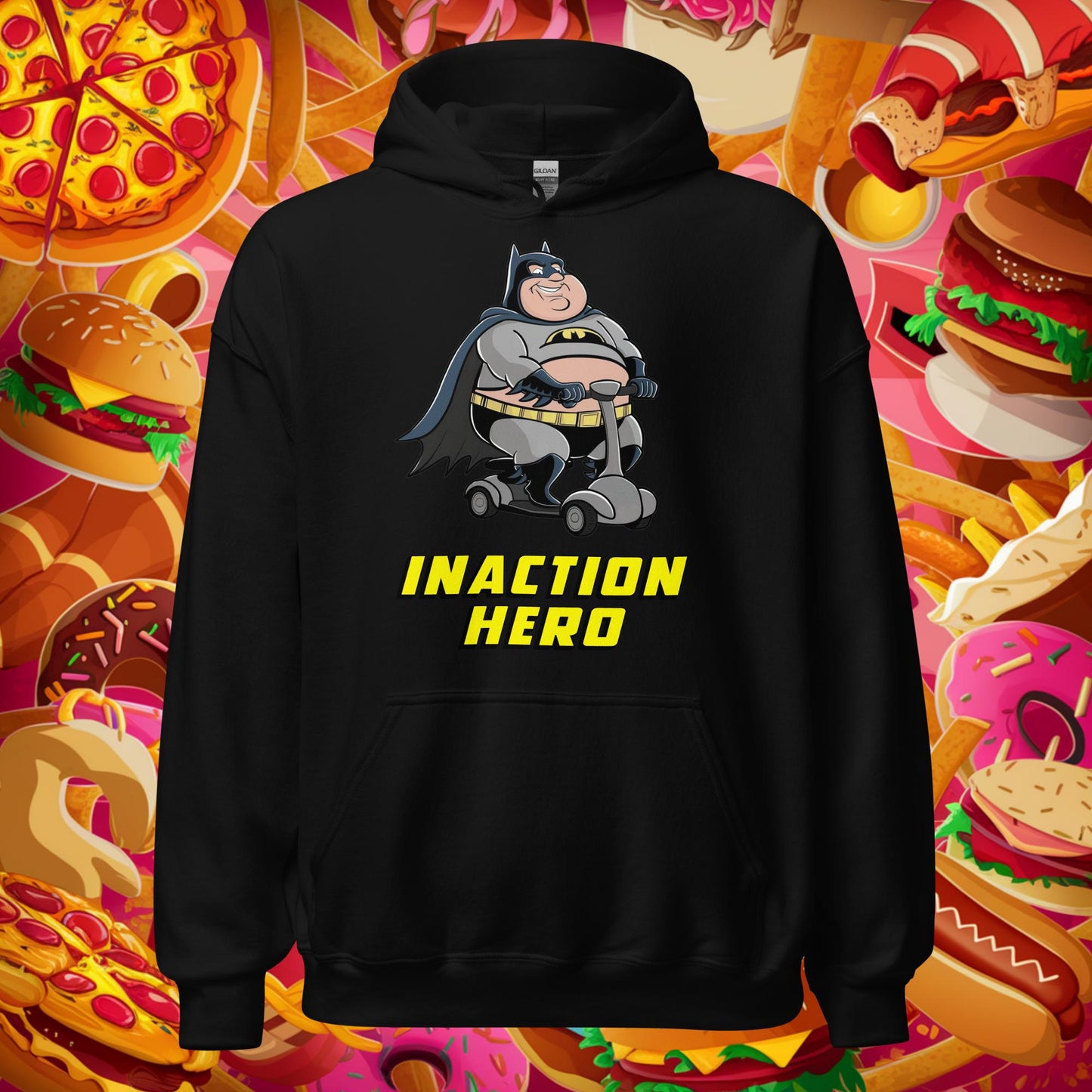 Inaction Hero Fatman Superhero Unisex Hoodie Black Hoodies Batman Movies Superheroes Next Cult Brand