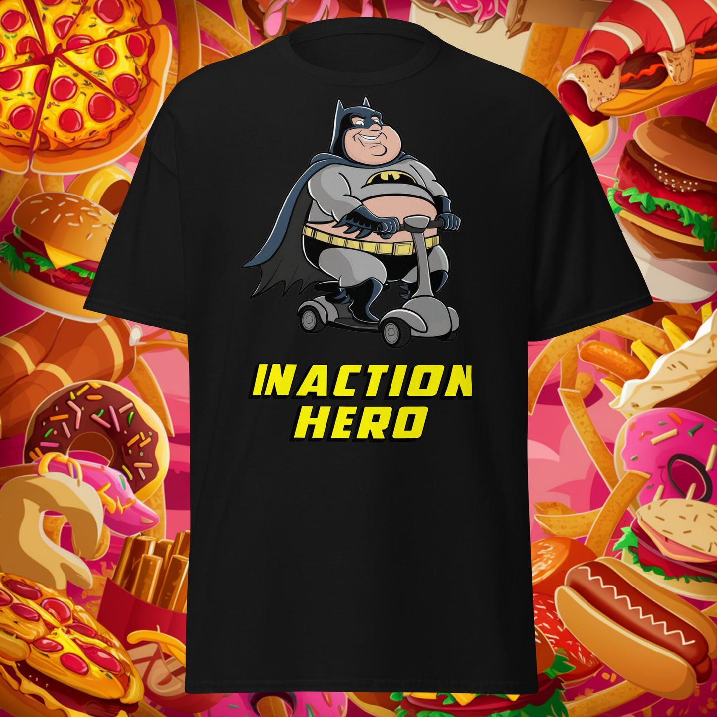 Inaction Hero Fatman Superhero Unisex tee Black T-shirts Batman Films Fitness Gym Justice League Movies Pump Cover Superheroes Workout Next Cult Brand
