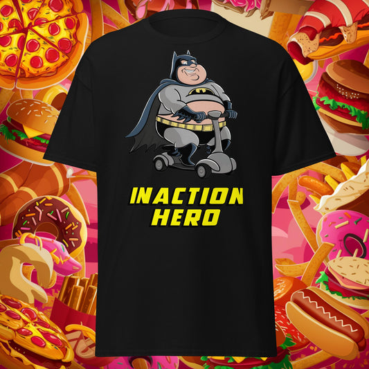 Inaction Hero Fatman Superhero Unisex tee Black T-shirts Batman Films Fitness Gym Justice League Movies Pump Cover Superheroes Workout Next Cult Brand