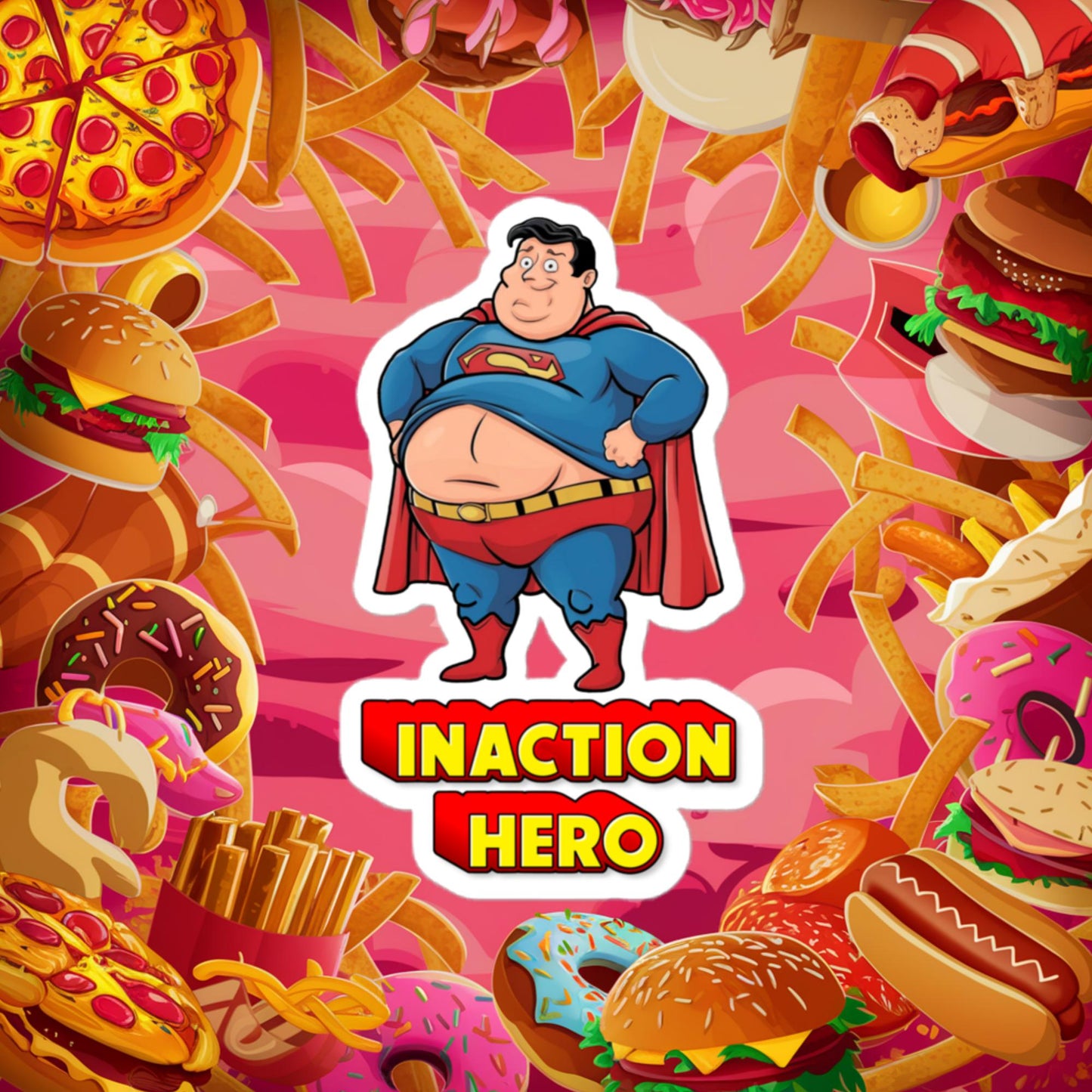 Inaction Hero Funny Fat Superhero Bubble-free stickers 4″×4″ Stickers Movies Superheroes Superman Next Cult Brand