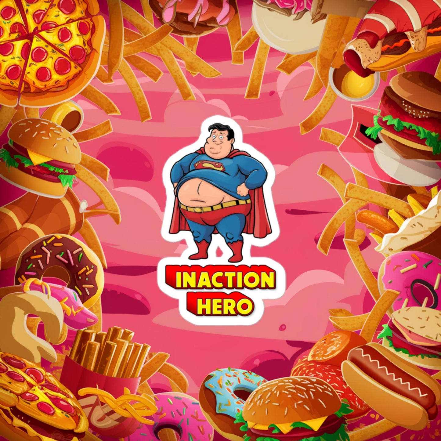 Inaction Hero Funny Fat Superhero Bubble-free stickers 3″×3″ Stickers Movies Superheroes Superman Next Cult Brand