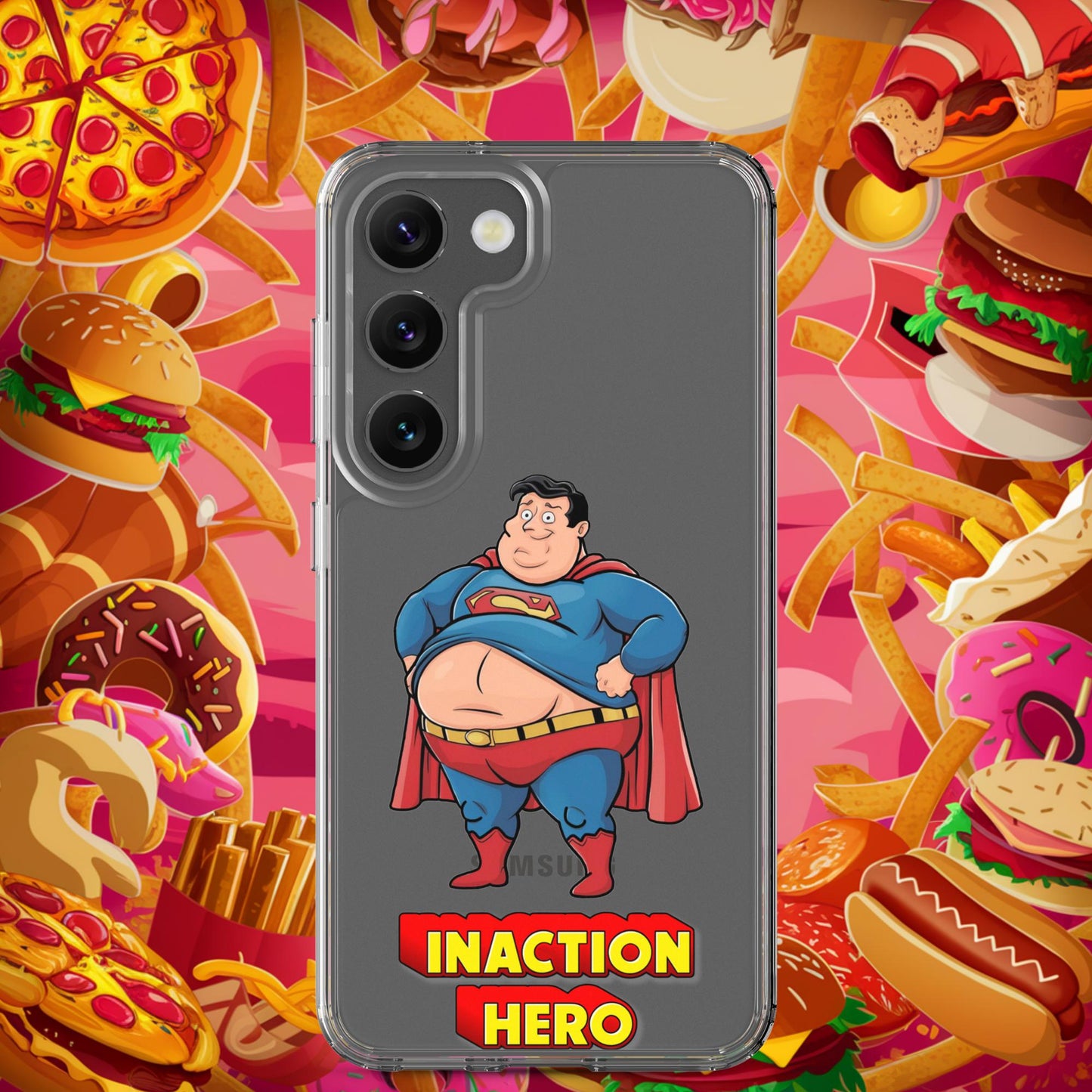 Inaction Hero Funny Fat Superhero Clear Case for Samsung Samsung Galaxy S23 Mobile Phone Cases Movies Superheroes Superman Next Cult Brand