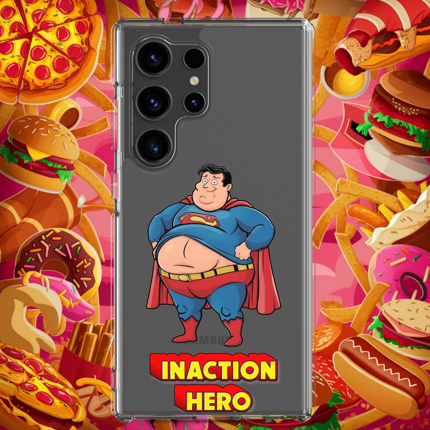 Inaction Hero Funny Fat Superhero Clear Case for Samsung Samsung Galaxy S24 Ultra Mobile Phone Cases Movies Superheroes Superman Next Cult Brand