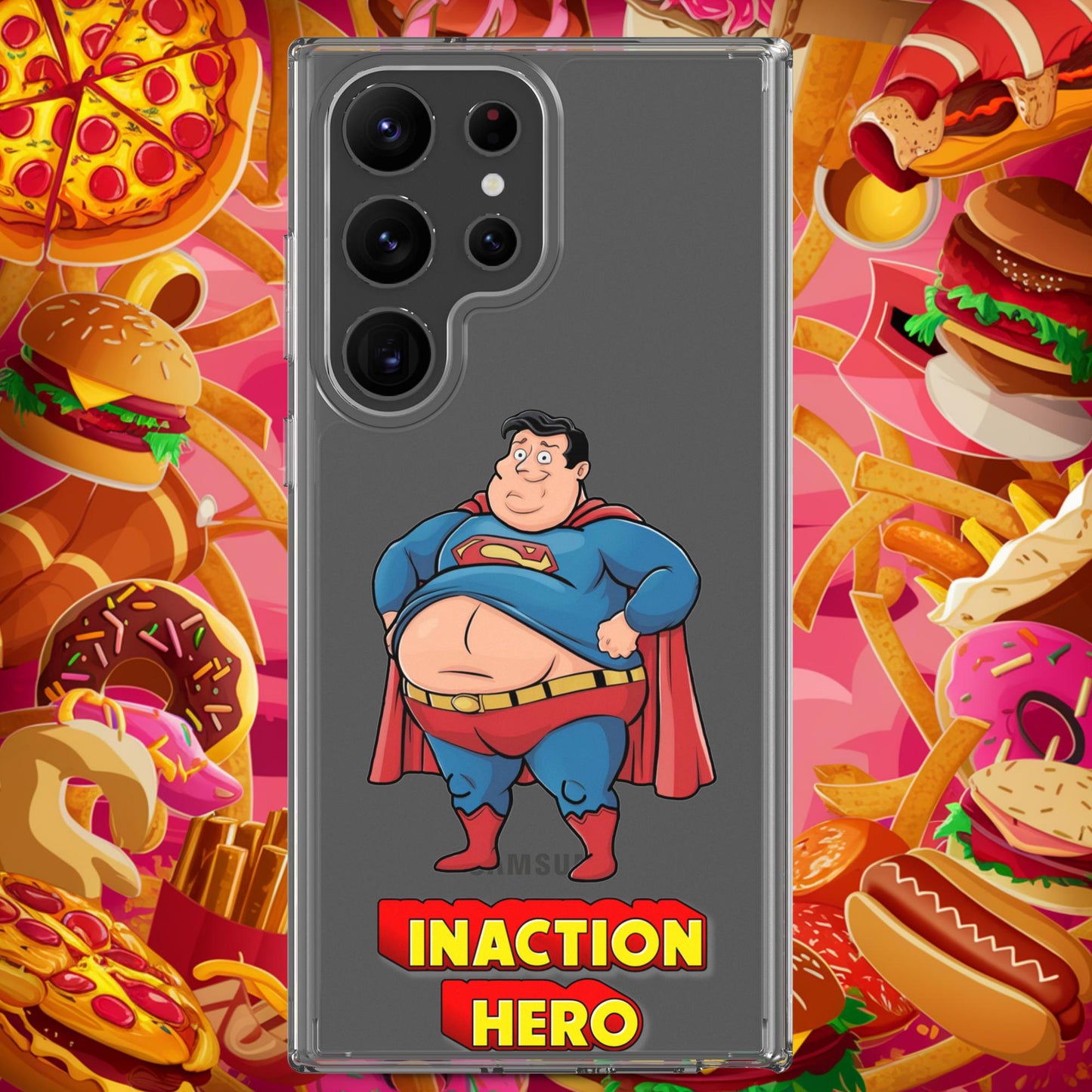 Inaction Hero Funny Fat Superhero Clear Case for Samsung Samsung Galaxy S23 Ultra Mobile Phone Cases Movies Superheroes Superman Next Cult Brand